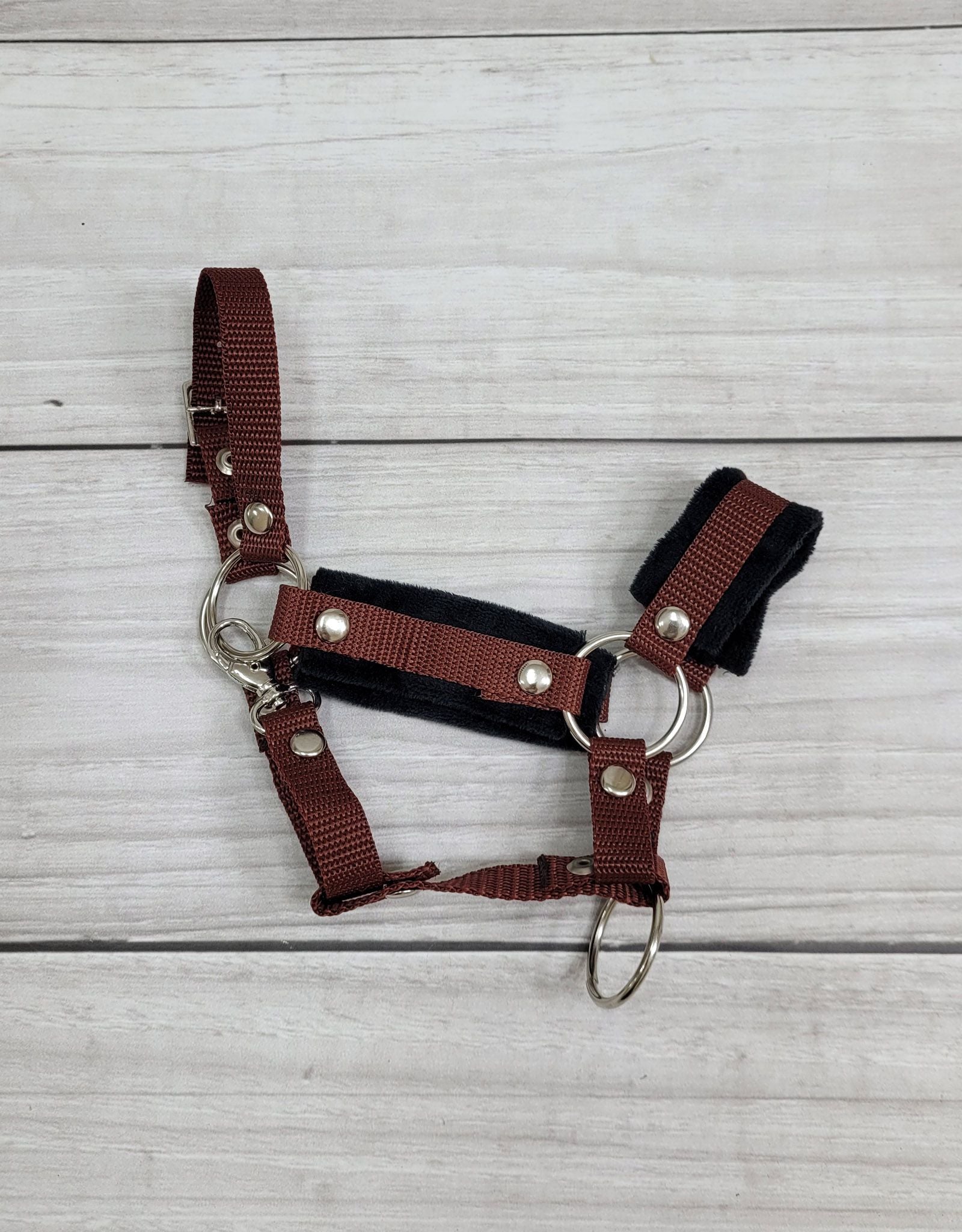 Set for Hobby Horse: the halter A3 with black furry + Tether made of cord - black-brown