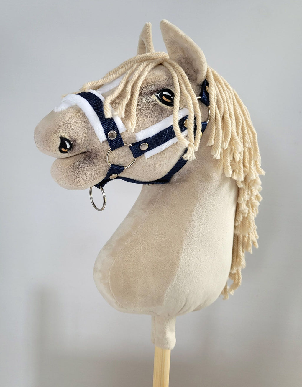 Set for Hobby Horse: the halter A3 with white furry + Tether made of cord - white-navy blue