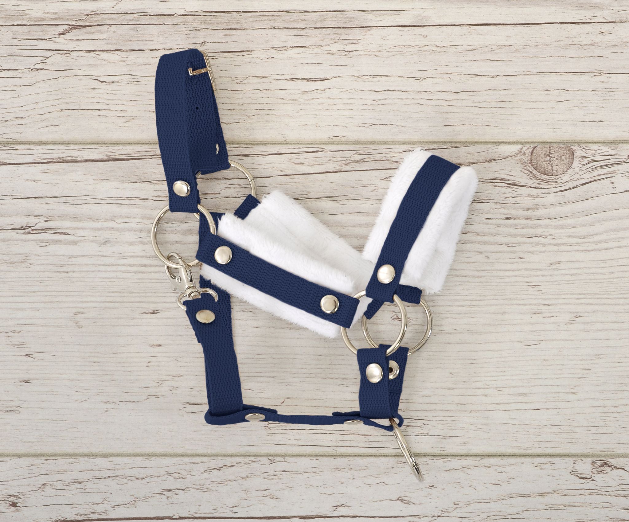 Set for Hobby Horse: the halter A3 with white furry + Tether made of cord - white-navy blue