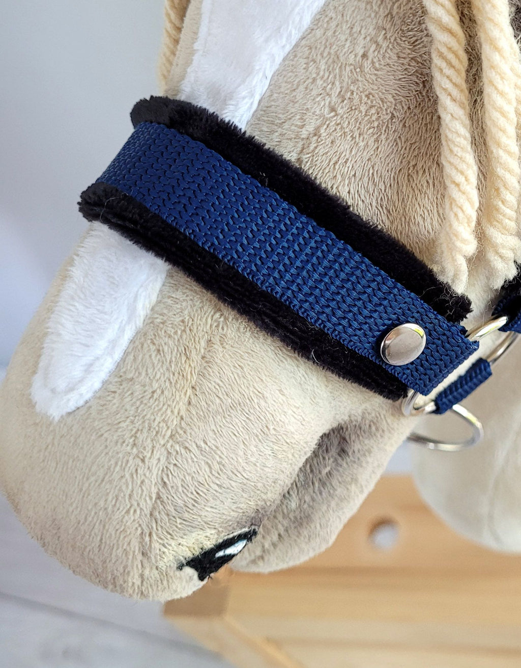 Set for Hobby Horse: the halter A3 with black furry + Tether made of cord - black-navy blue