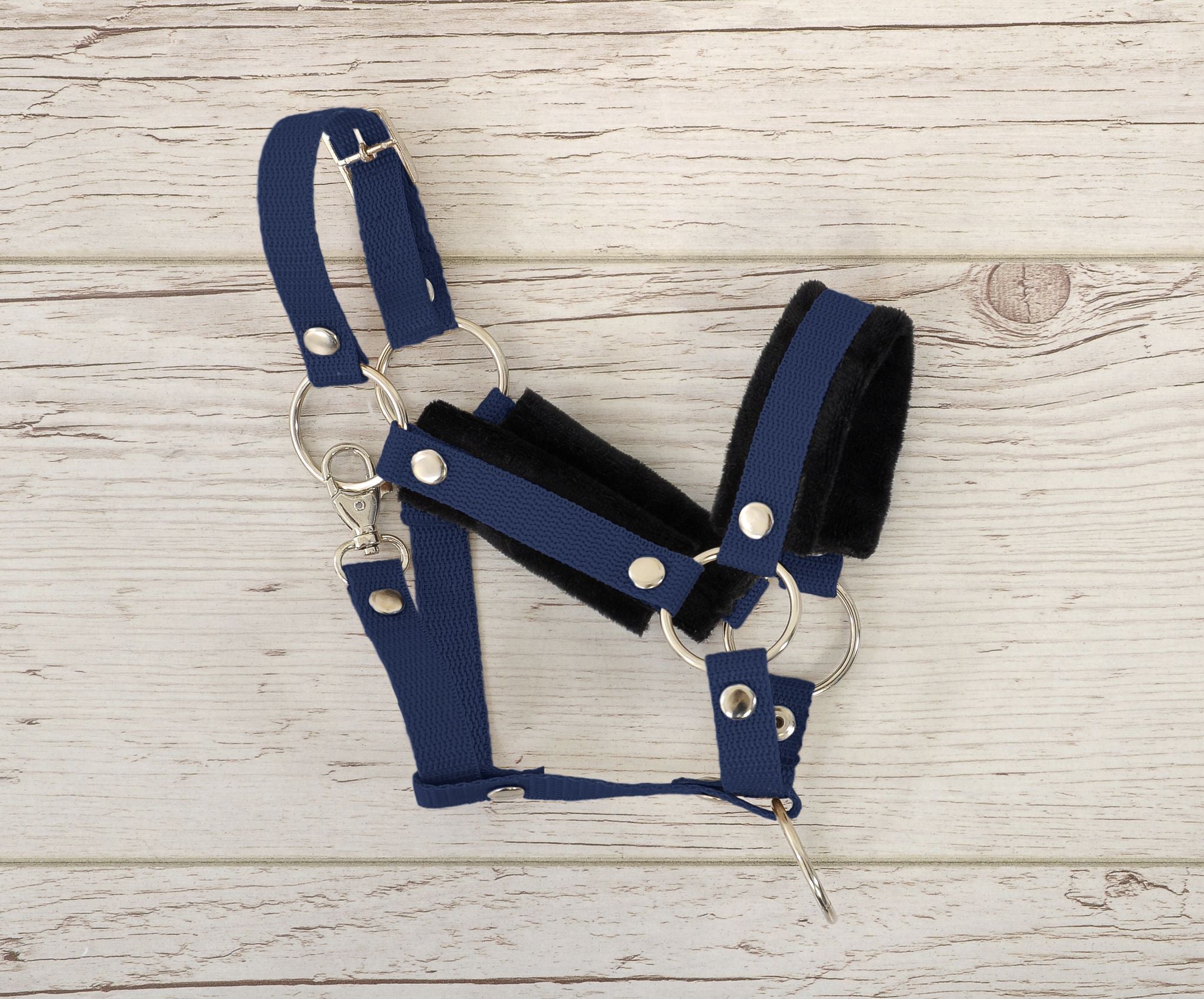 Set for Hobby Horse: the halter A3 with black furry + Tether made of cord - black-navy blue