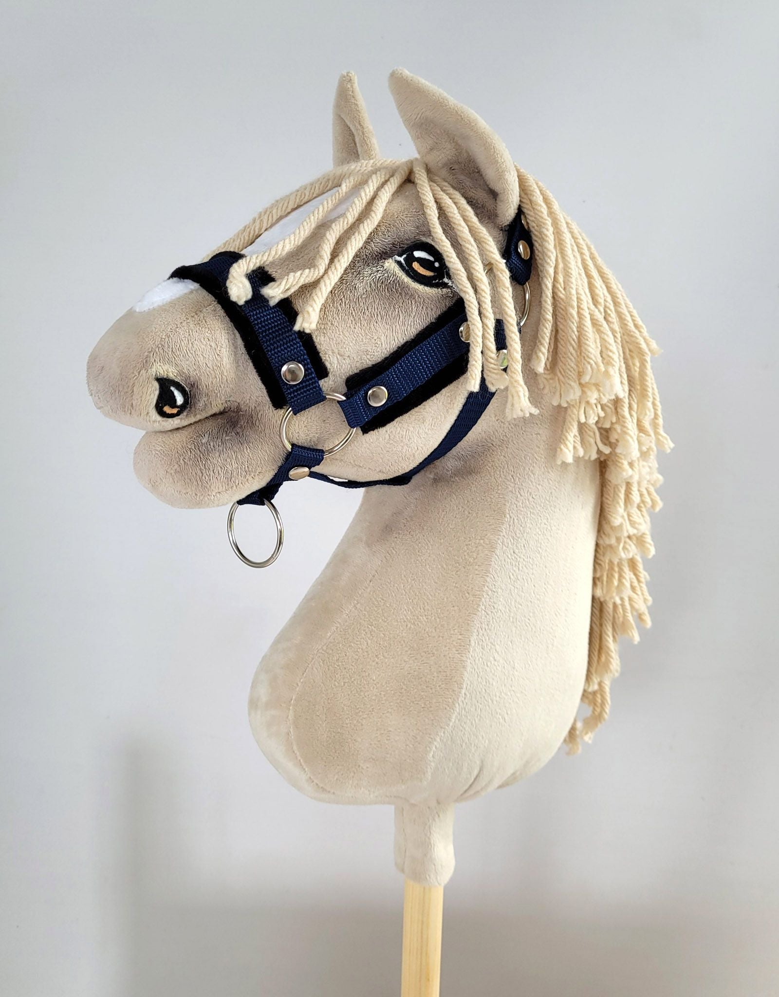 Set for Hobby Horse: the halter A3 with black furry + Tether made of cord - black-navy blue