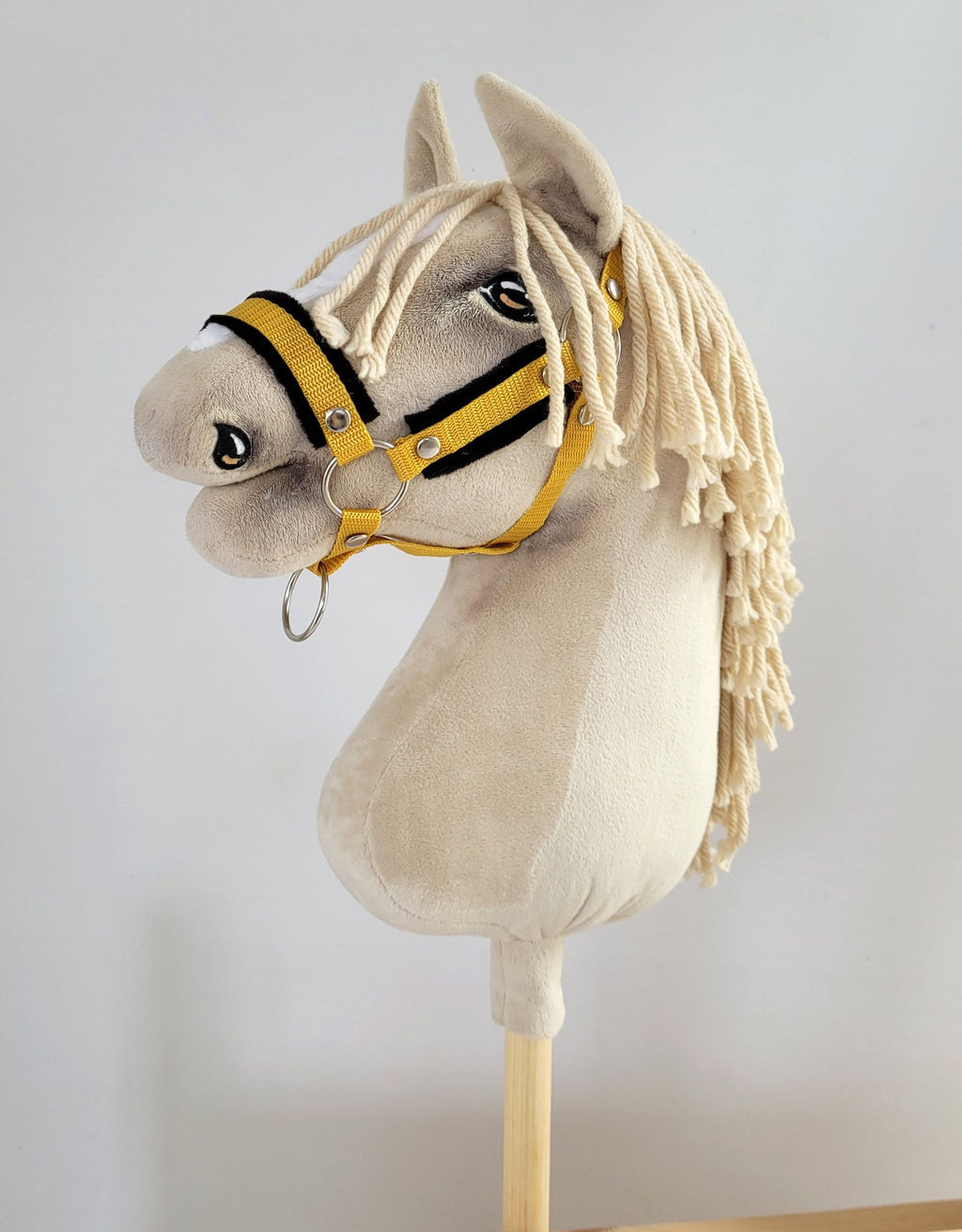 Set for Hobby Horse: the halter A3 with black furry + Tether made of cord - black-honey yellow