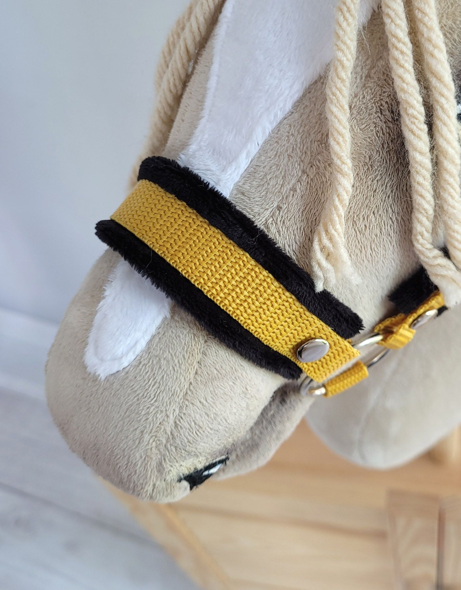Set for Hobby Horse: the halter A3 with black furry + Tether made of cord - black-honey yellow