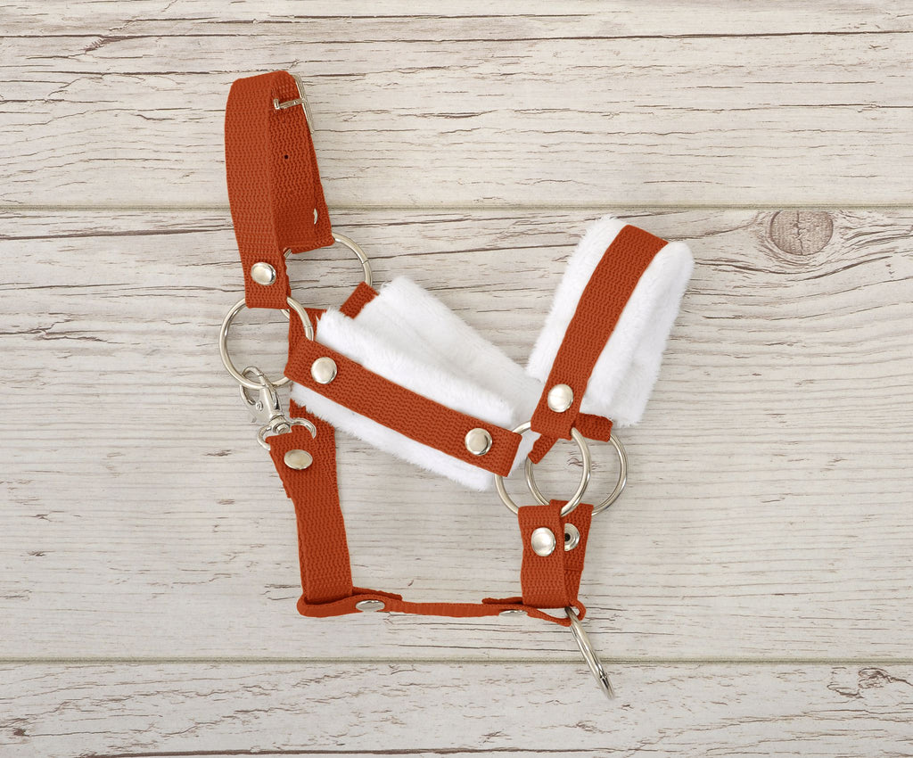 Set for Hobby Horse: the halter A3 with white furry + Tether made of cord - white-ginger