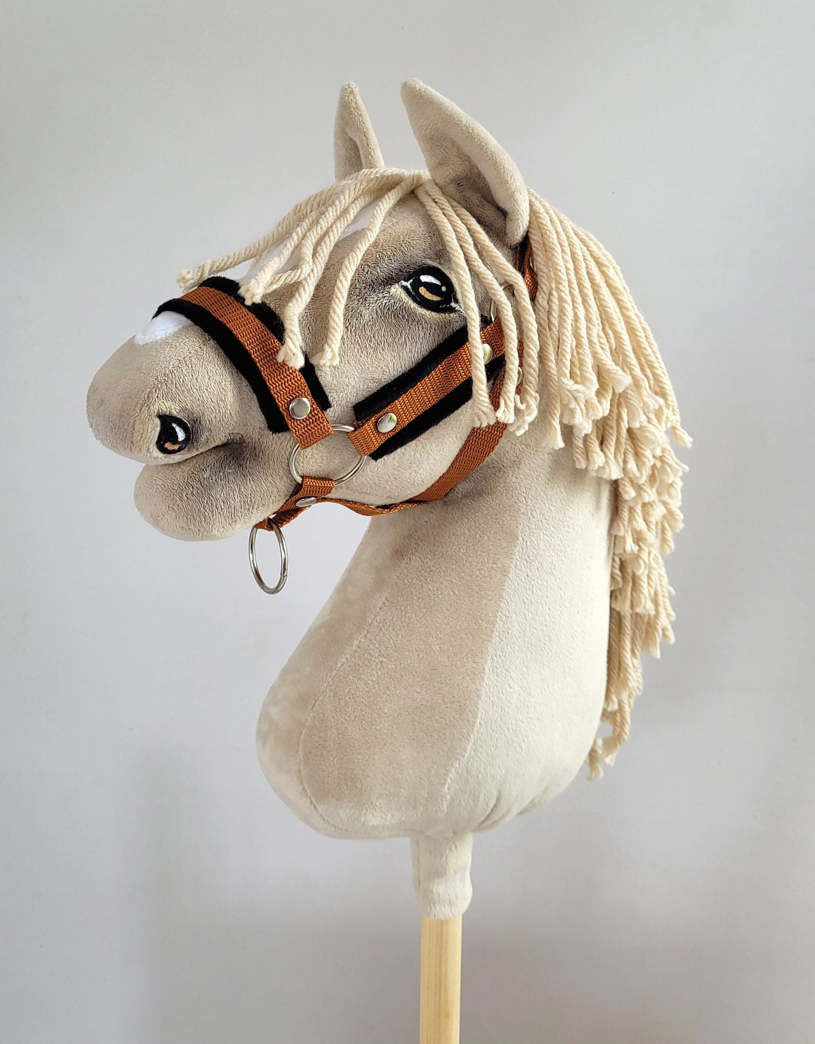 Set for Hobby Horse: the halter A3 with black furry + Tether made of cord - black-ginger