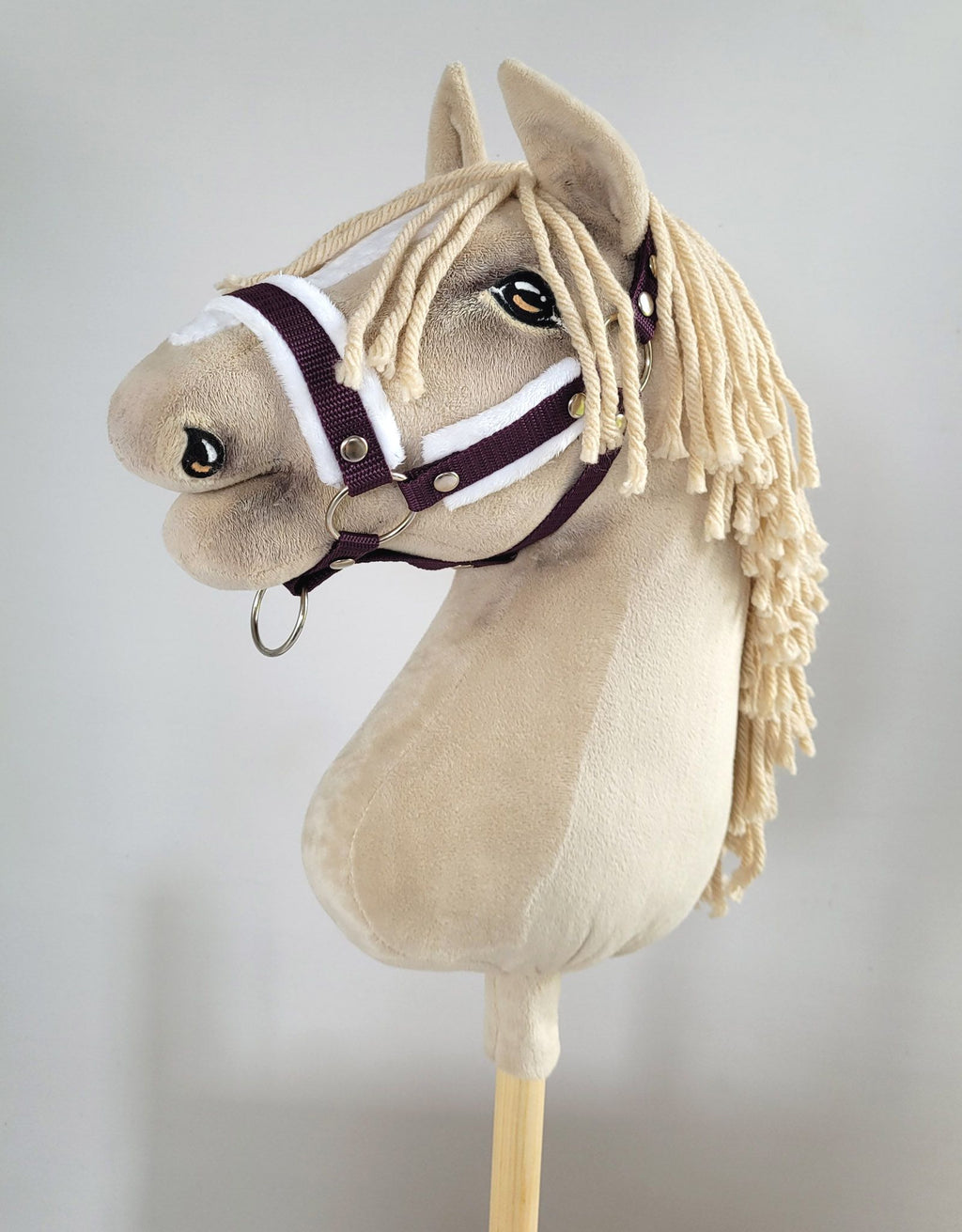 Set for Hobby Horse: the halter A3 with white furry + Tether made of cord - white-plum