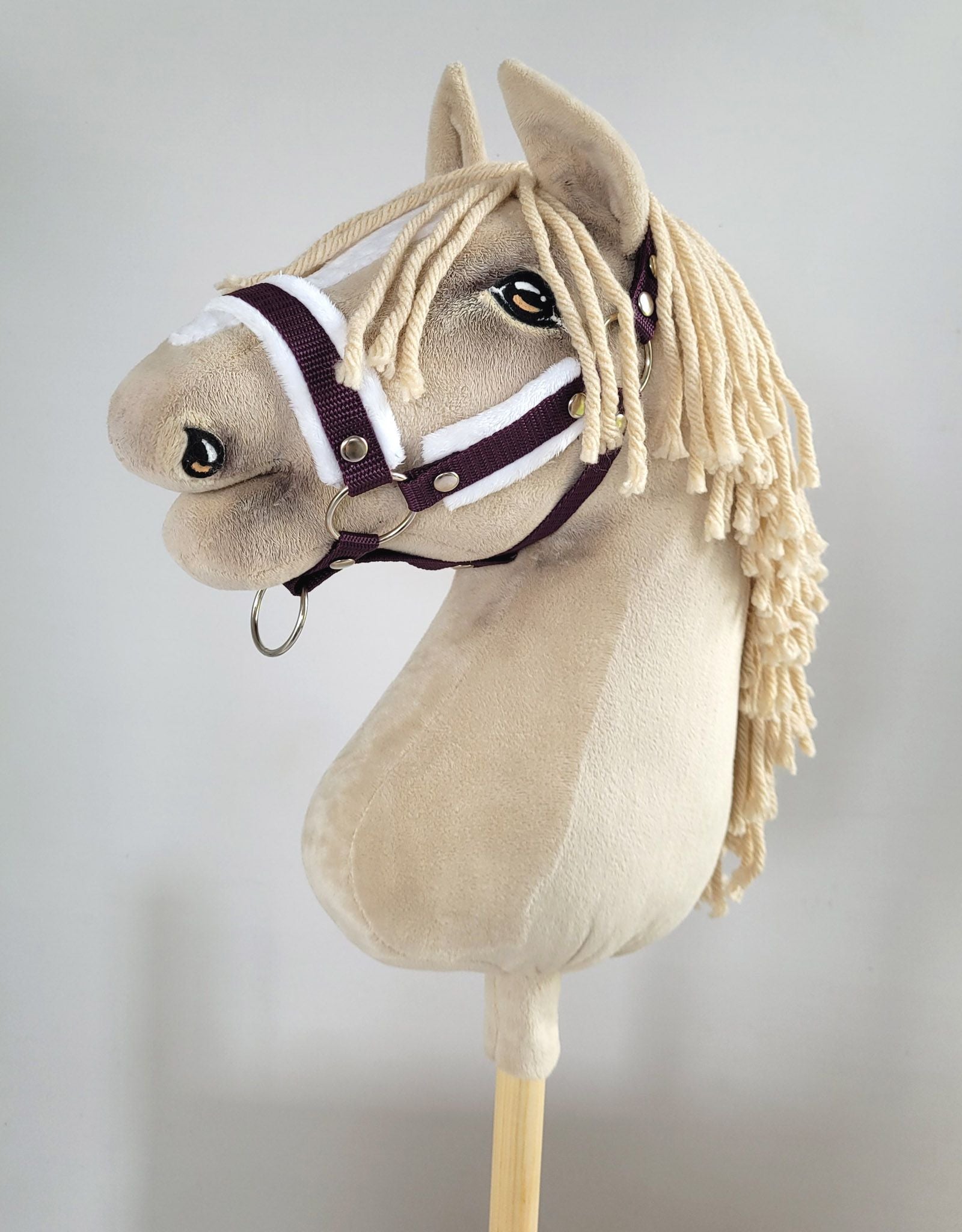 Set for Hobby Horse: the halter A3 with white furry + Tether made of cord - white-plum