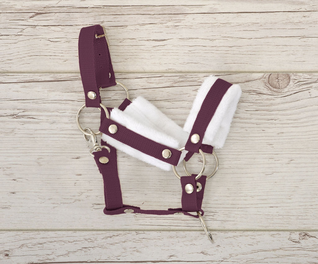 Set for Hobby Horse: the halter A3 with white furry + Tether made of cord - white-plum