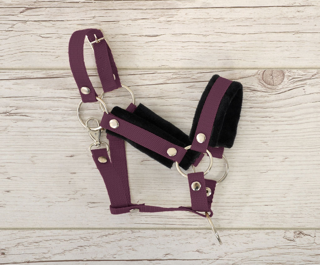 Set for Hobby Horse: the halter A3 with black furry + Tether made of cord - black-plum