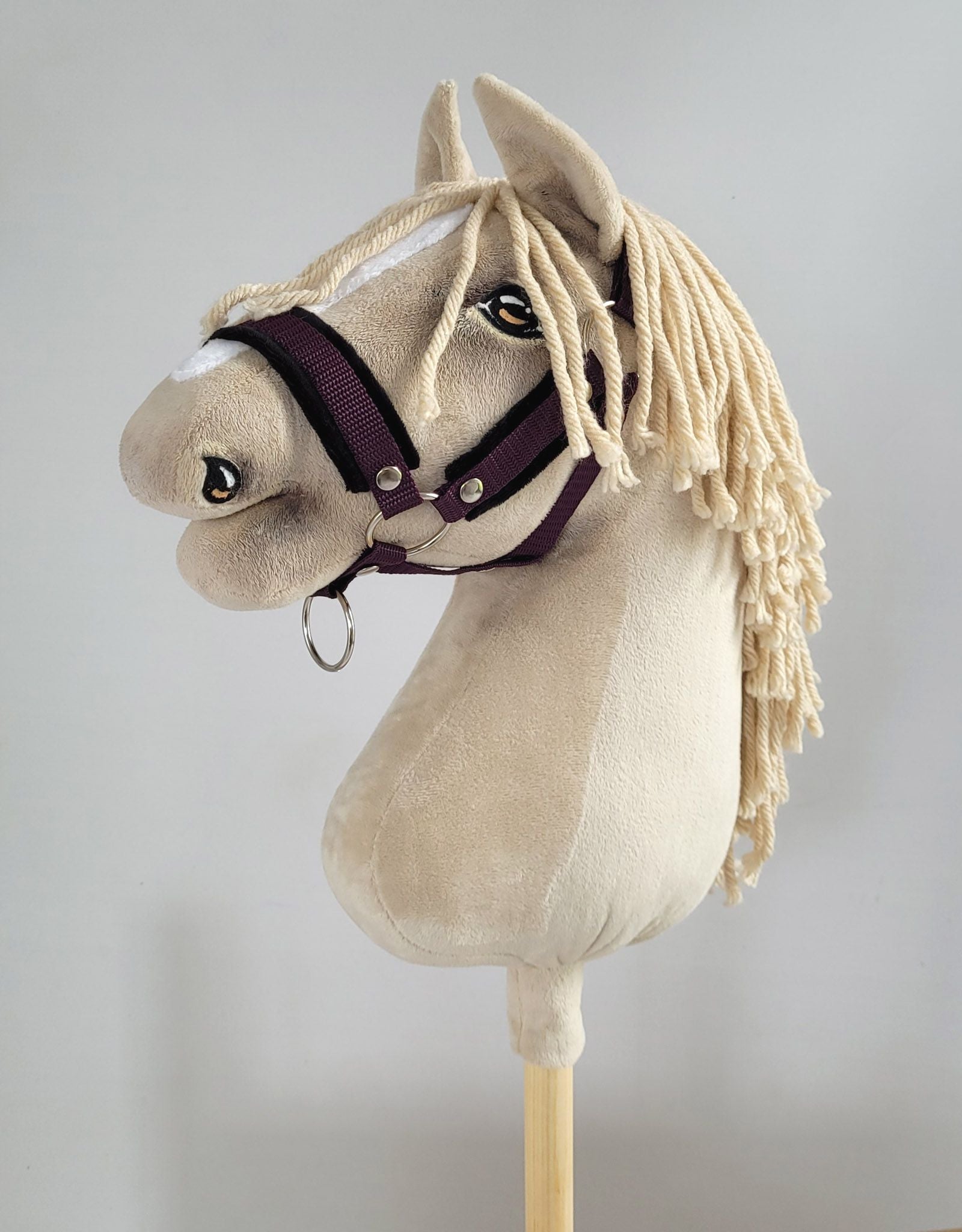 Set for Hobby Horse: the halter A3 with black furry + Tether made of cord - black-plum