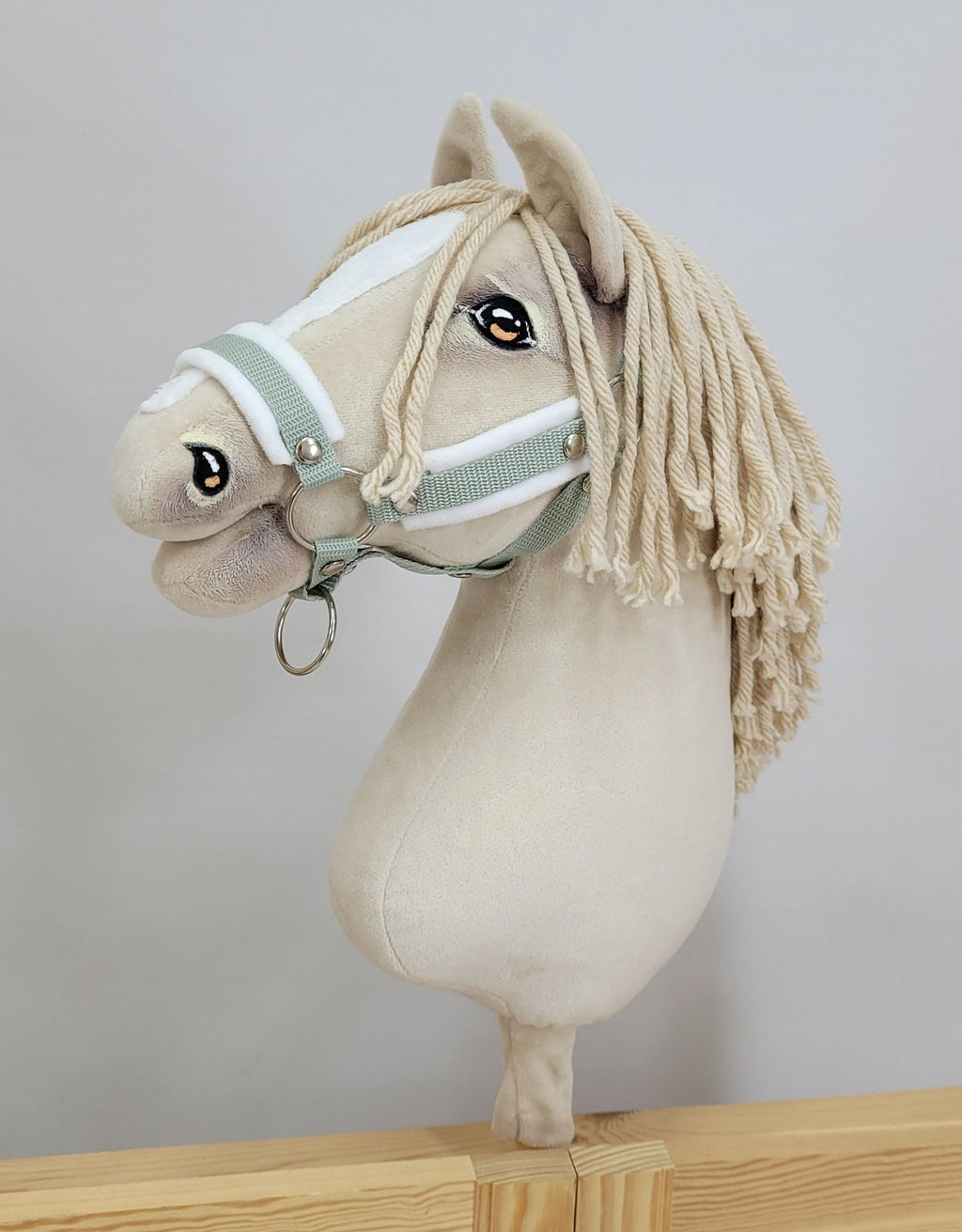 Set for Hobby Horse: the halter A3 with white furry + Tether made of cord - white-sage