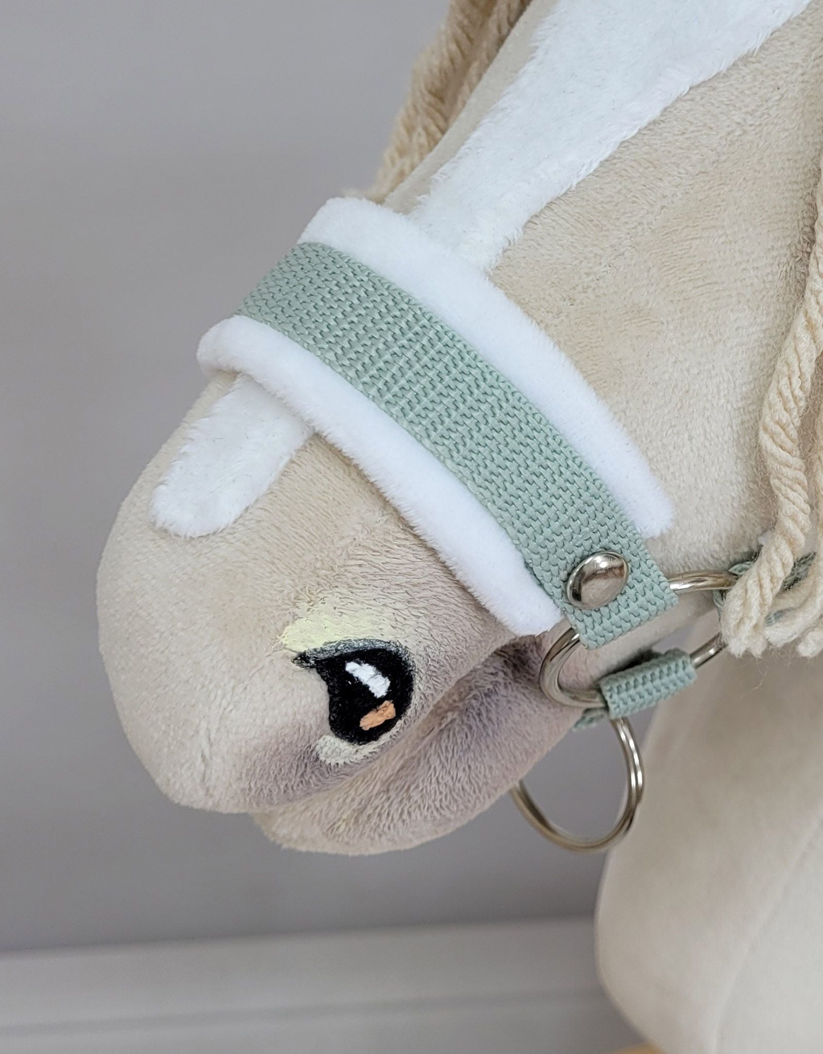 Set for Hobby Horse: the halter A3 with white furry + Tether made of cord - white-sage