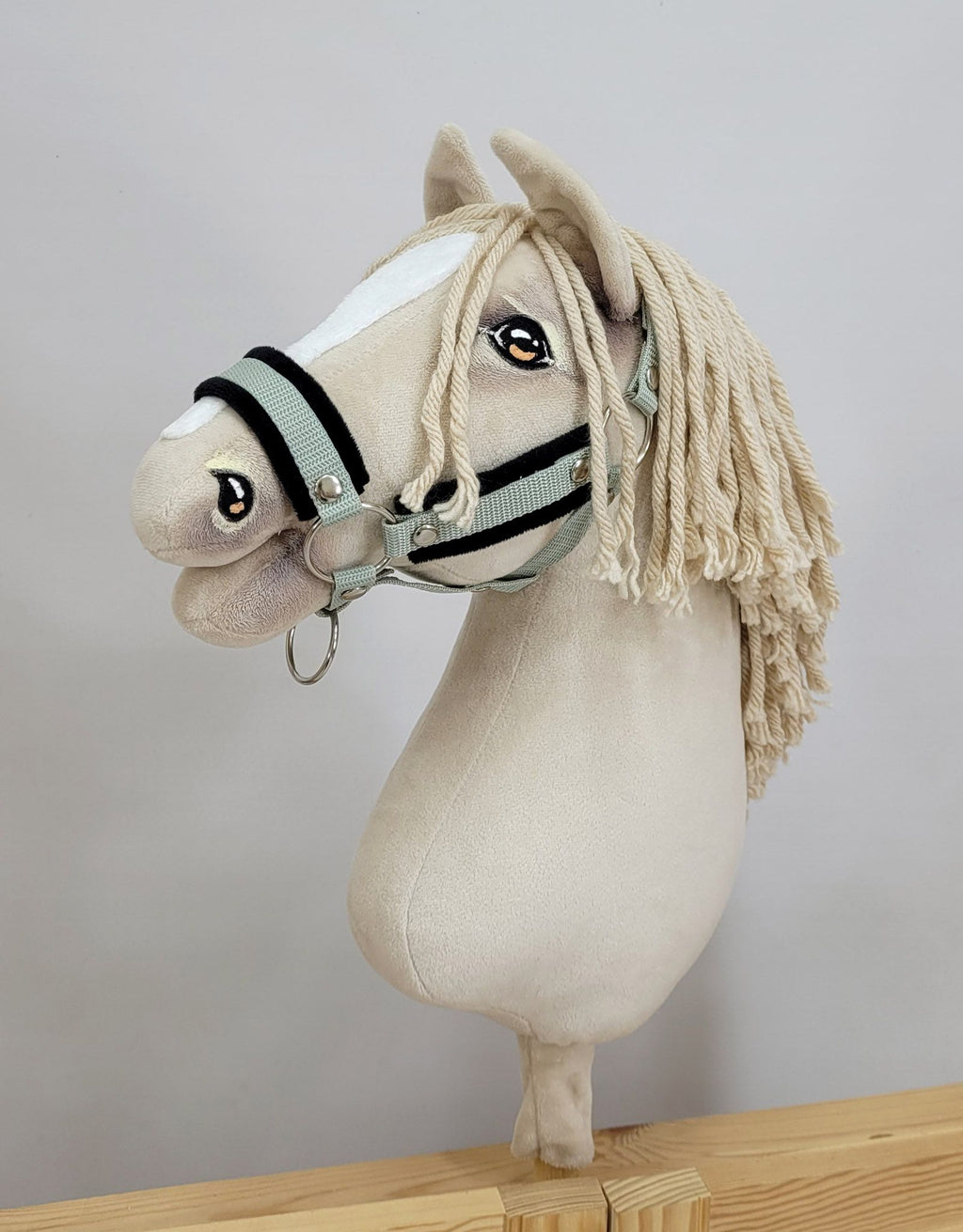 Set for Hobby Horse: the halter A3 with black furry + Tether made of cord - black-sage