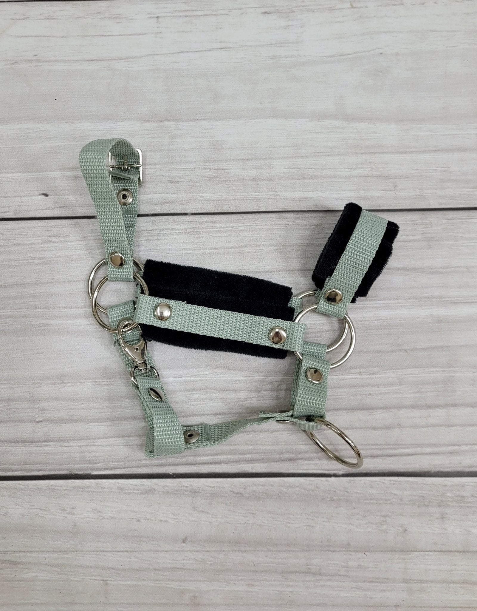 Set for Hobby Horse: the halter A3 with black furry + Tether made of cord - black-sage