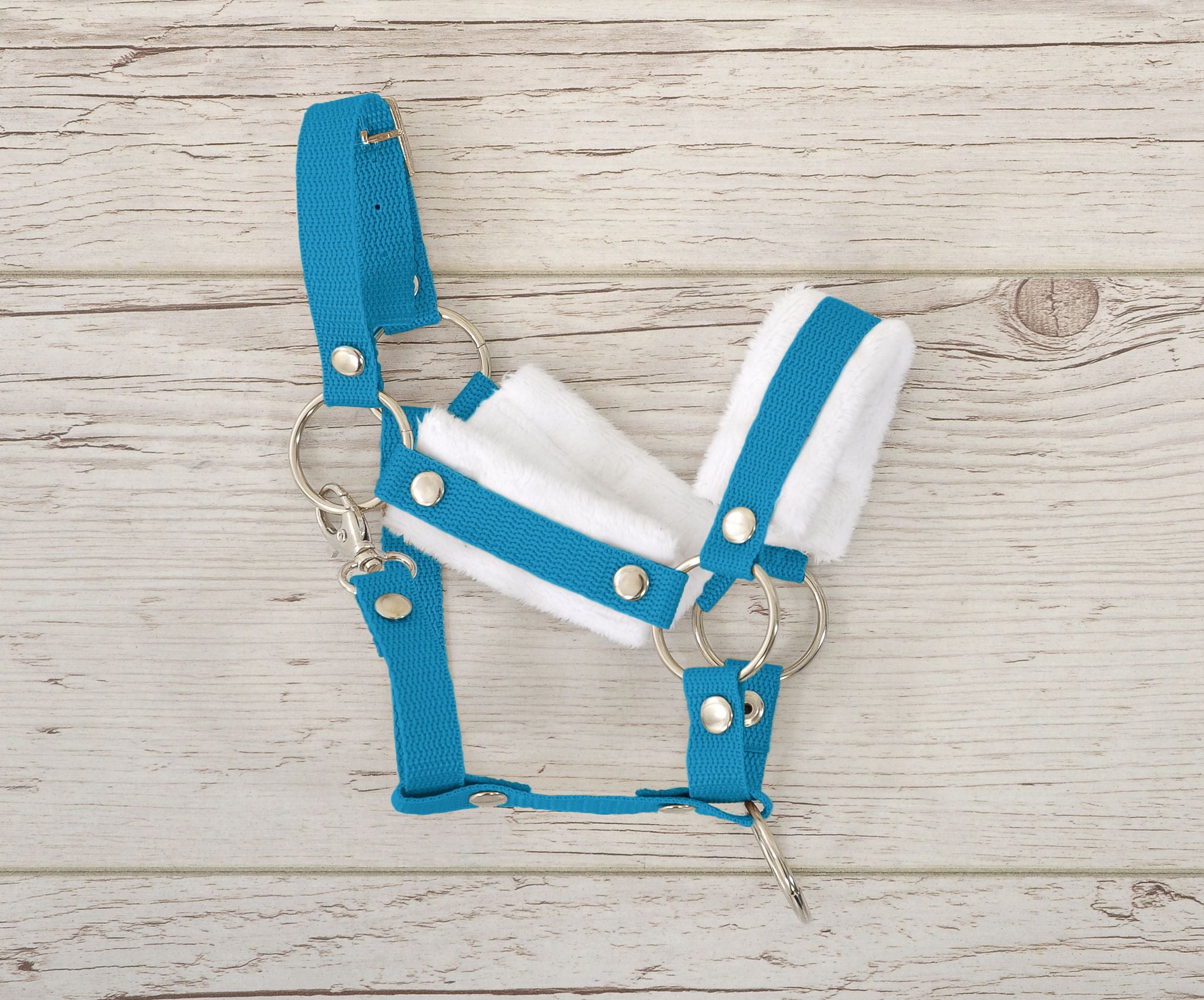 Set for Hobby Horse: the halter A3 with white furry + Tether made of cord - white-turquoise