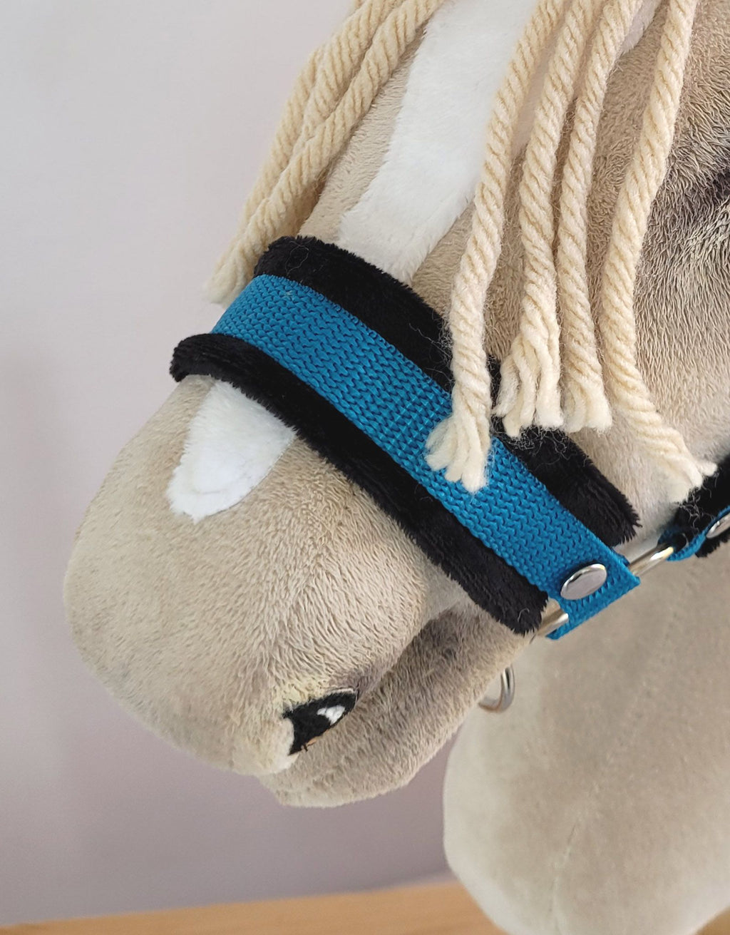 Set for Hobby Horse: the halter A3 with black furry + Tether made of cord - black-turquoise