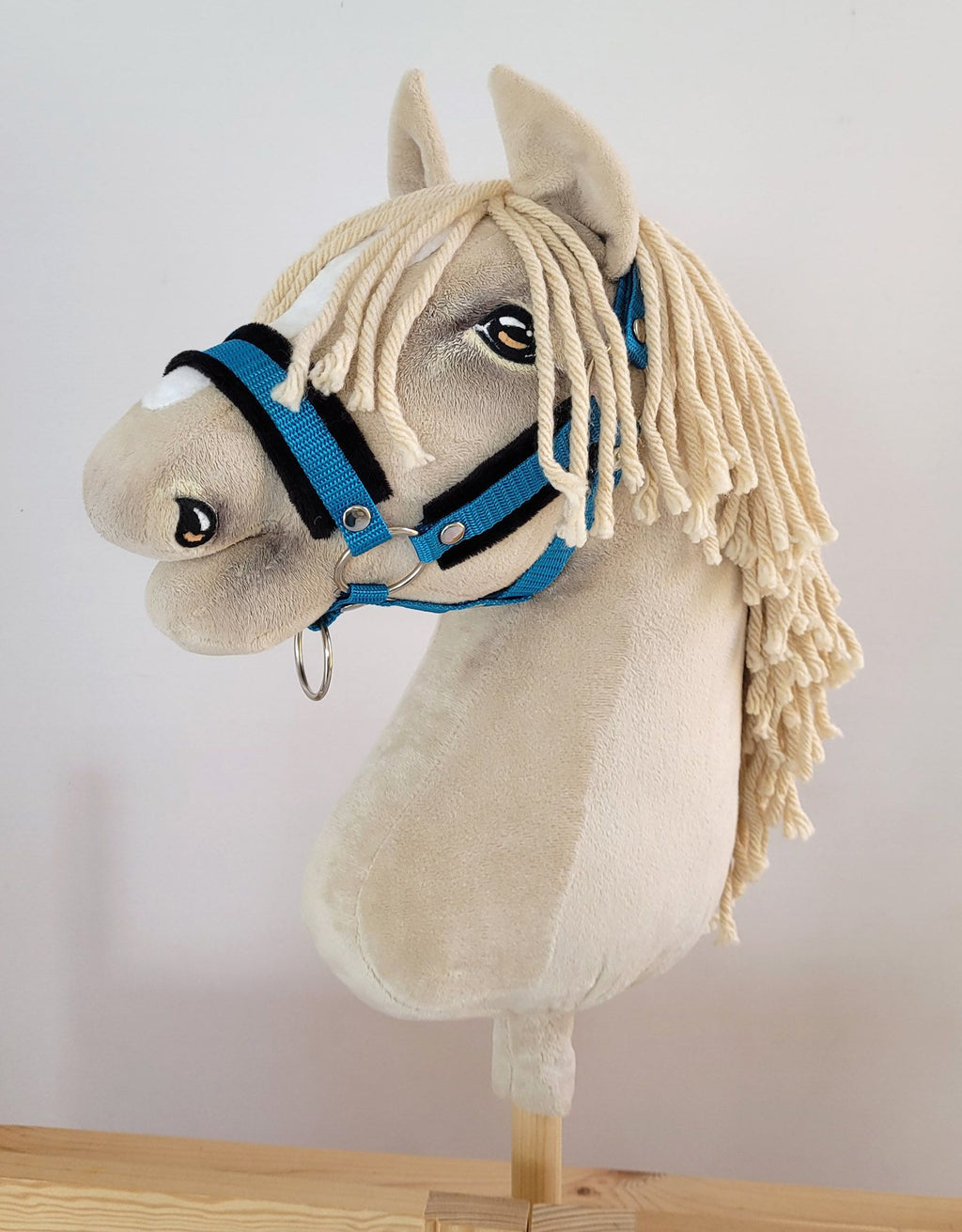 Set for Hobby Horse: the halter A3 with black furry + Tether made of cord - black-turquoise