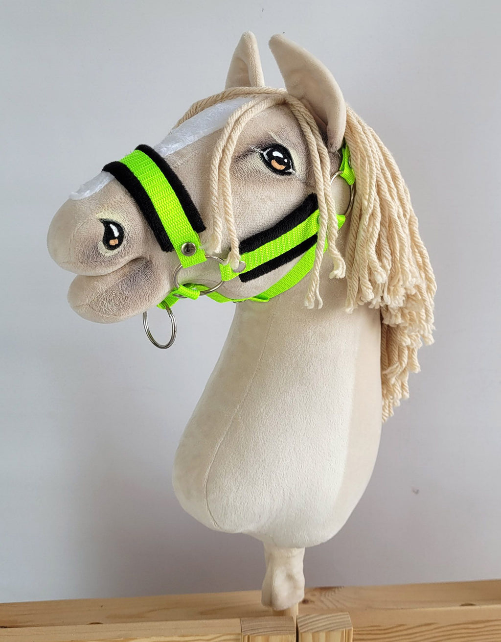 Set for Hobby Horse: the halter A3 with black furry + Tether made of cord - neon-green/ black