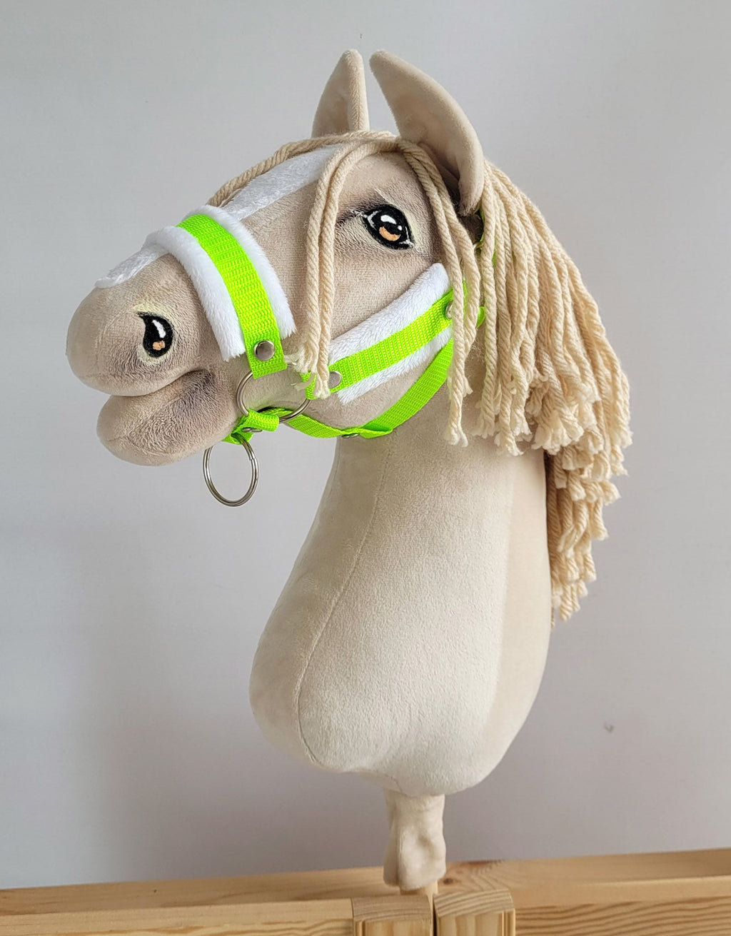 Set for Hobby Horse: the halter A3 with white furry + Tether made of cord - neon-green/ white