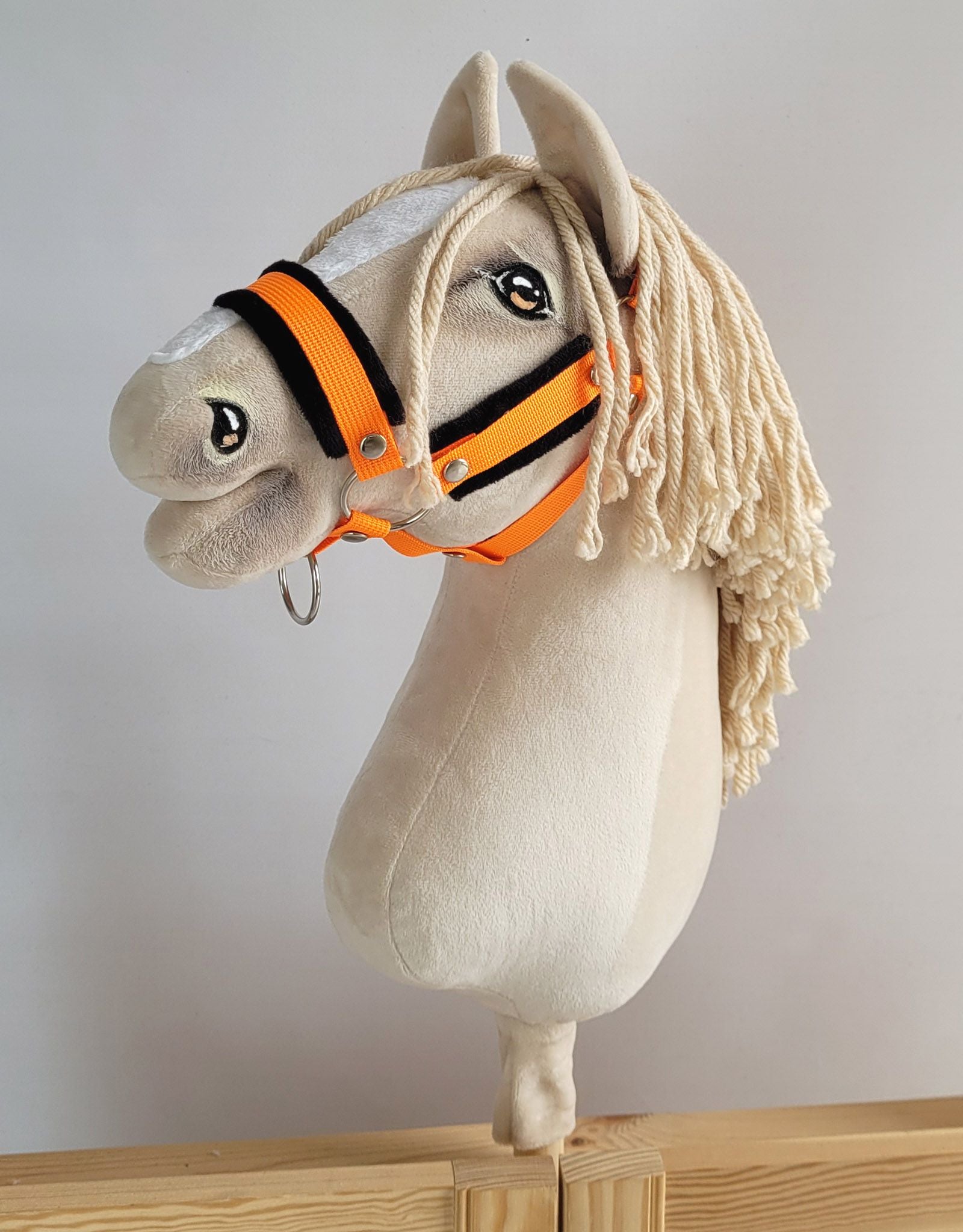 Set for Hobby Horse: the halter A3 with black furry + Tether made of cord - neon-orange/ black