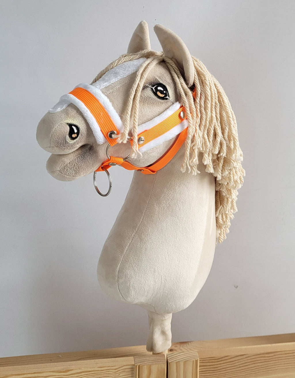 Set for Hobby Horse: the halter A3 with white furry + Tether made of cord - neon-orange/ white