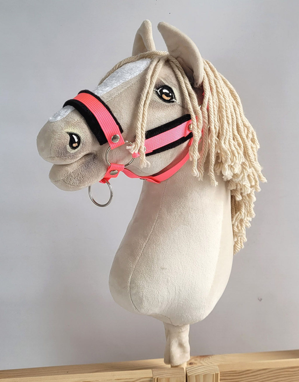 Set for Hobby Horse: the halter A3 with black furry + Tether made of cord - neon-pink/ black