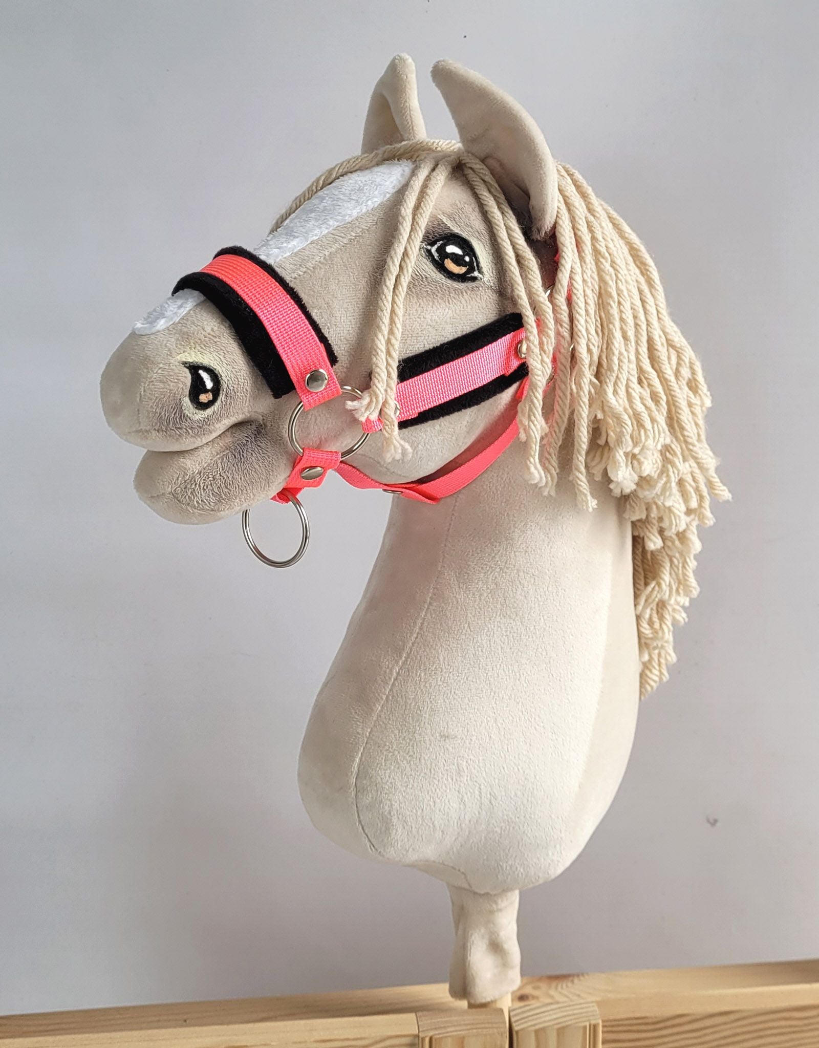 Set for Hobby Horse: the halter A3 with black furry + Tether made of cord - neon-pink/ black