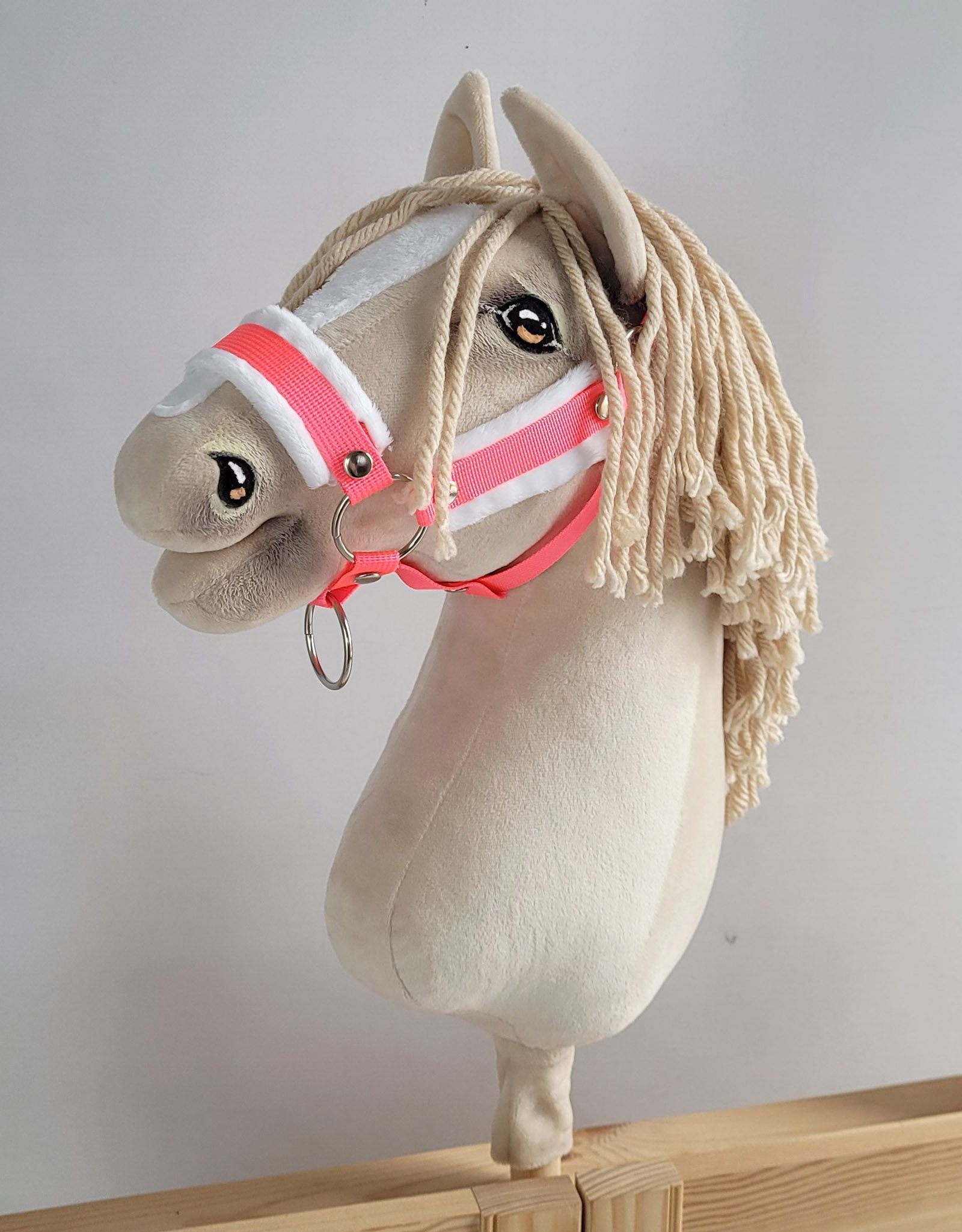 Set for Hobby Horse: the halter A3 with white furry + Tether made of cord - neon-pink/ white
