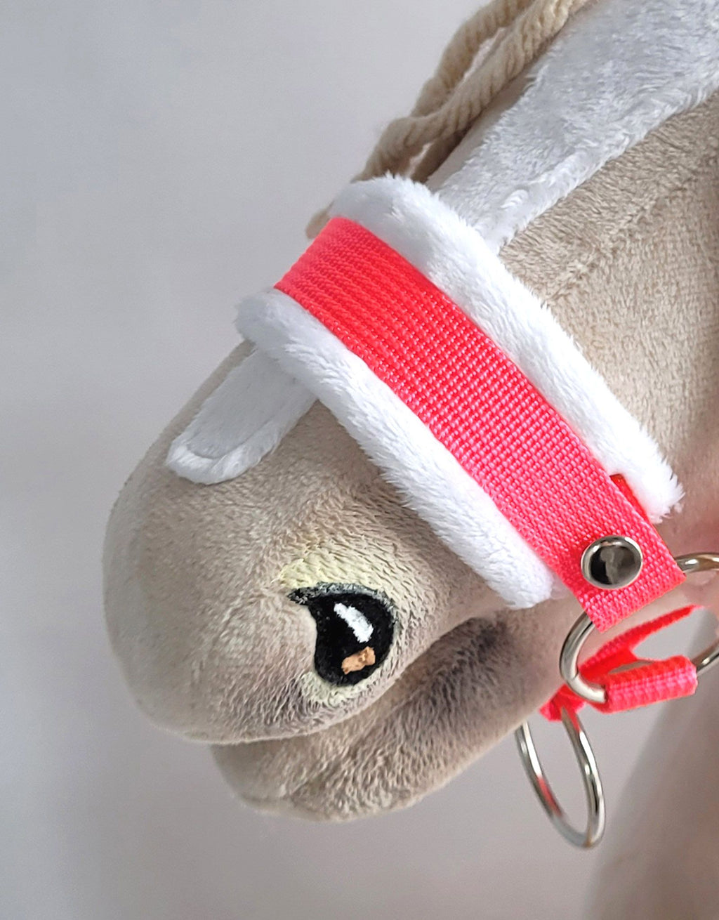 Set for Hobby Horse: the halter A3 with white furry + Tether made of cord - neon-pink/ white