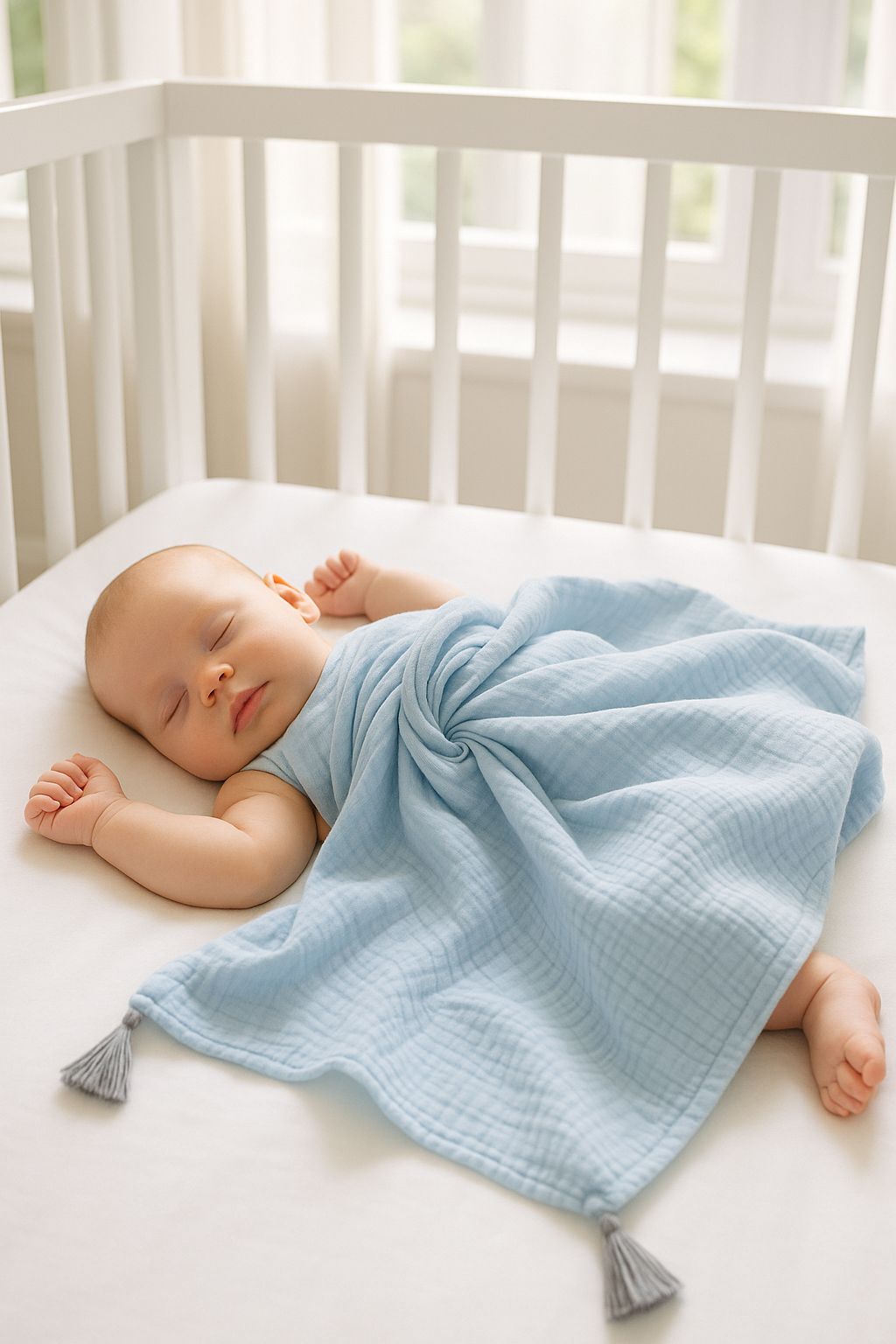 Muslin blanket for kids with tassels - blue