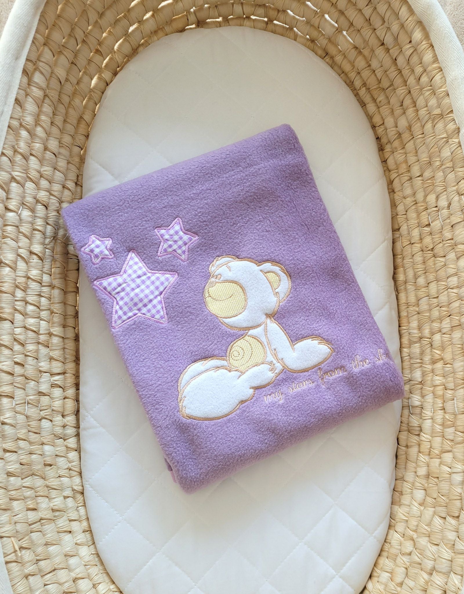 Polar fleece blanket for babies - Carlo- Teddy Bear with Stars lila