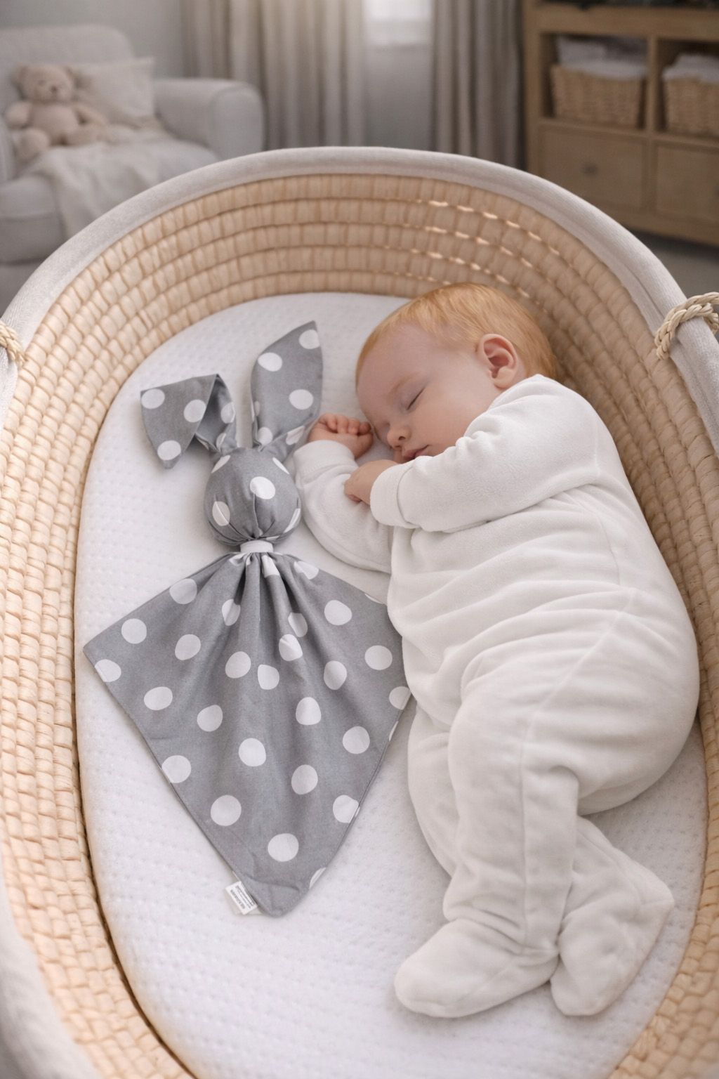 DOUDOU Soft cosy cuddly bunny blanket in cotton - Large polka dots on grey