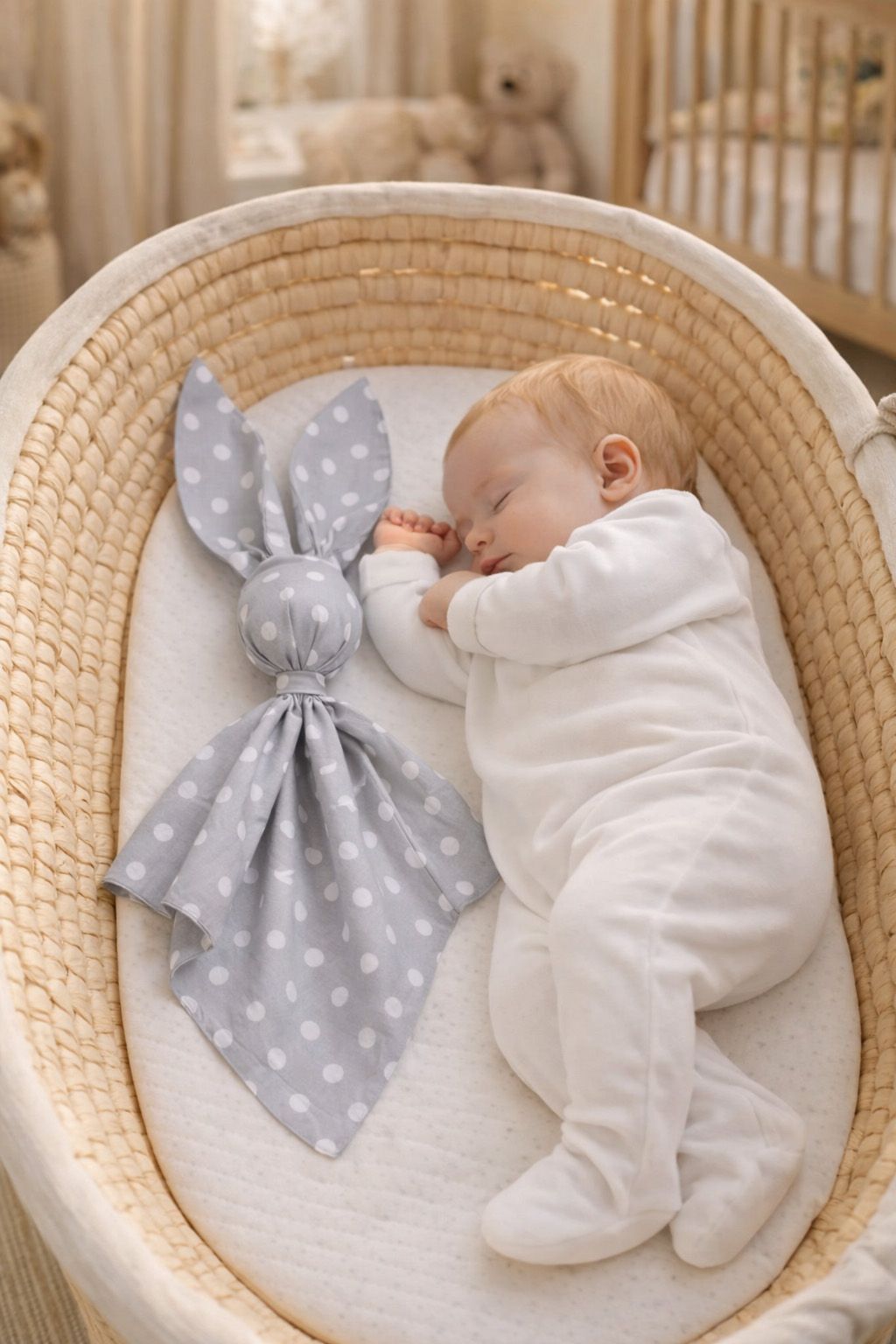 DOUDOU Soft cosy cuddly bunny blanket in cotton - Polka dots on grey