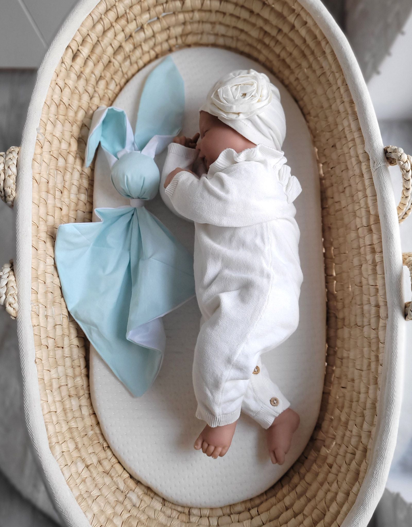 DOUDOU Soft cosy cuddly bunny blanket in cotton - Mint/ white
