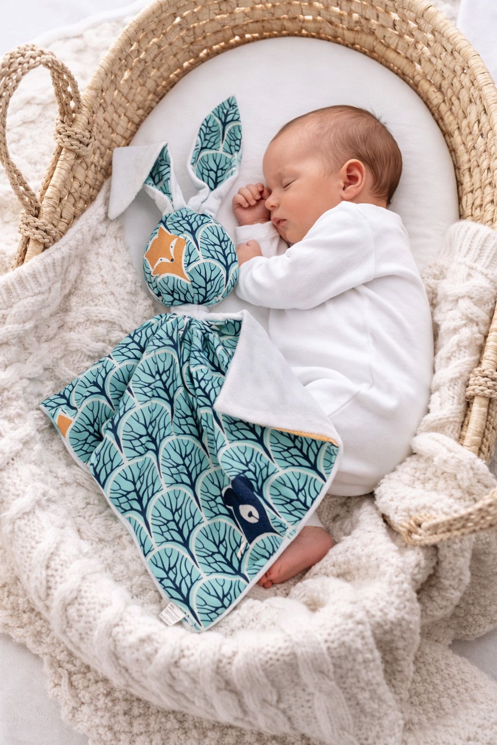 DOUDOU Cuddly bunny double-sided cotton and minky - Mint forest - white
