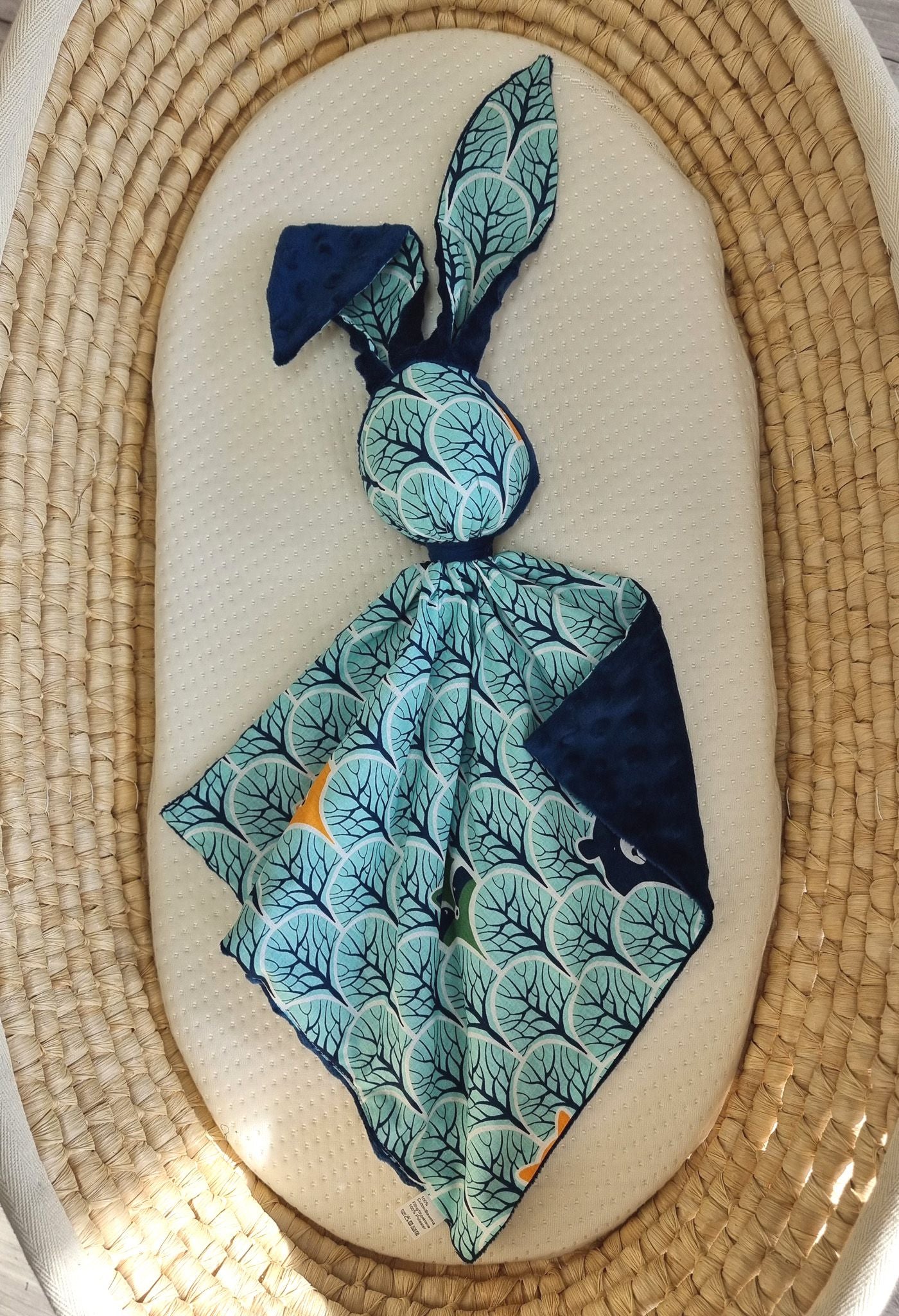 DOUDOU Cuddly bunny double-sided cotton and minky - Mint forest - navy blue