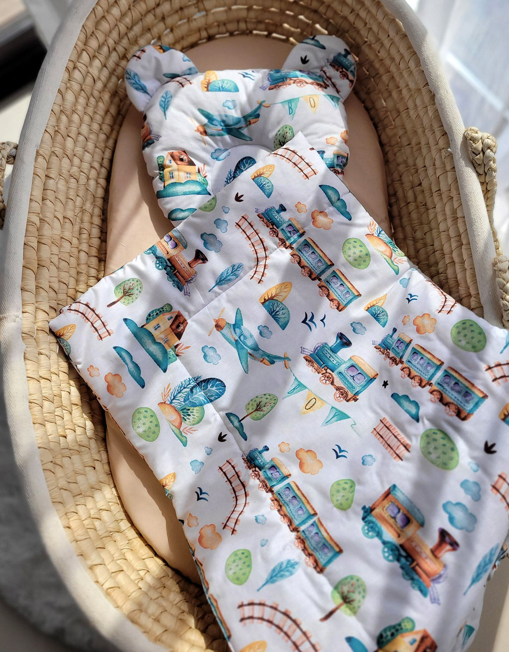 Duvet with pillow Teddy - 2pcs set - turquoise train