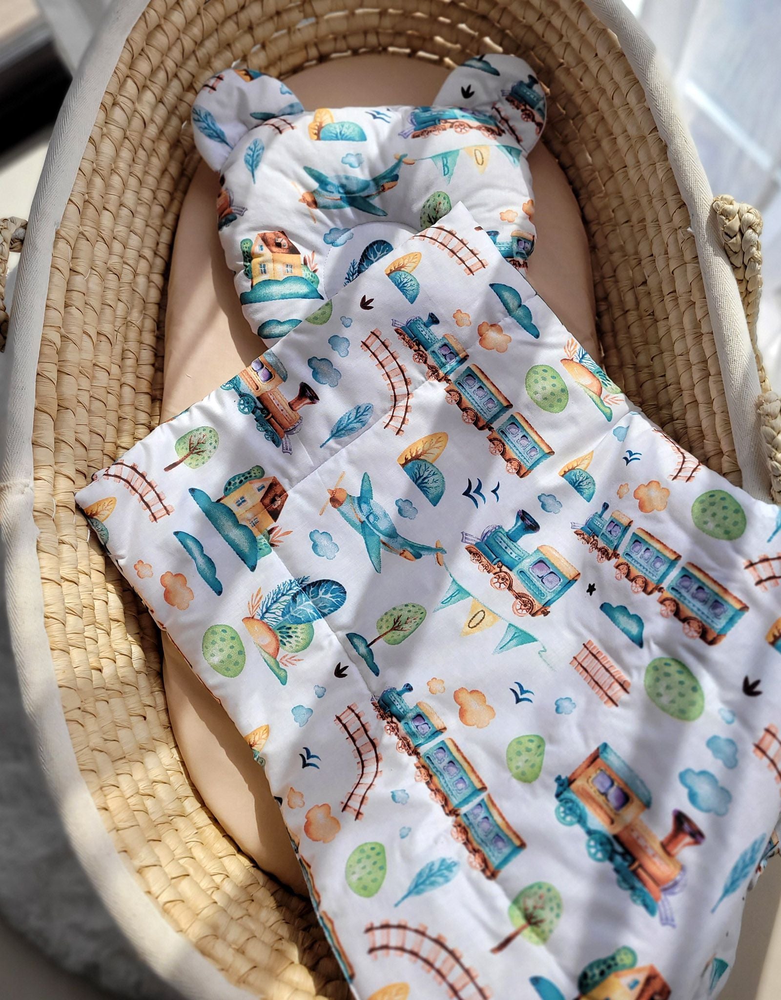 Duvet with pillow Teddy - 2pcs set - turquoise train