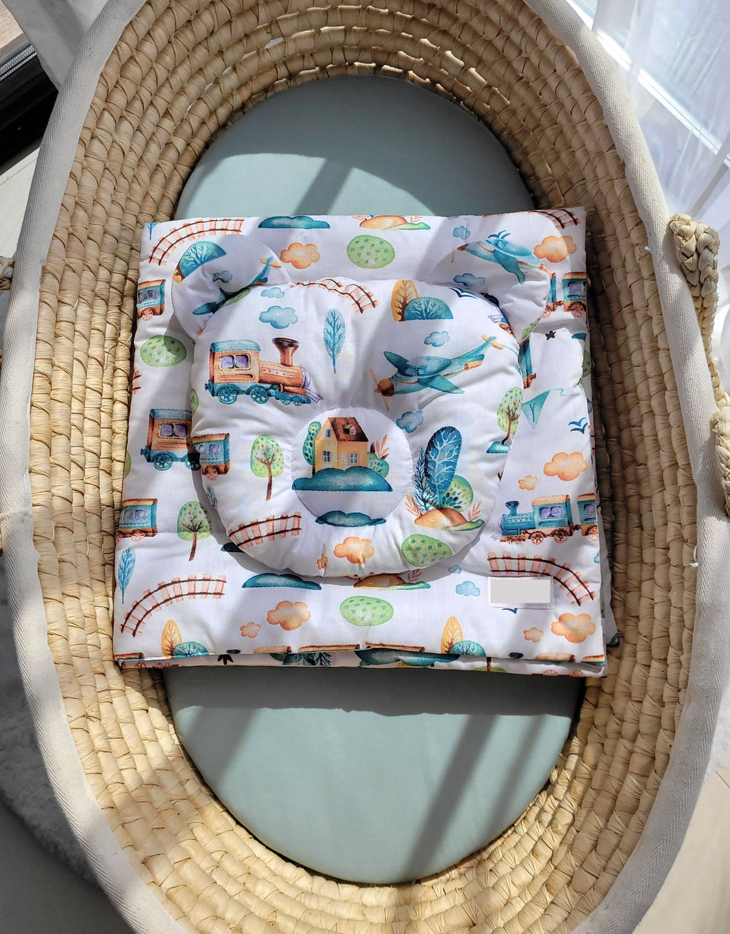 Duvet with pillow Teddy - 2pcs set - turquoise train