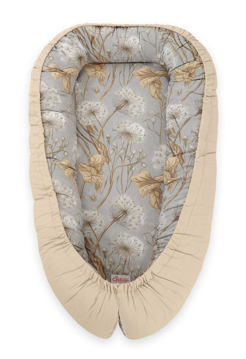 Baby nest double-sided Premium Cocoon for infants BOBONO- dandelions grey/ beige