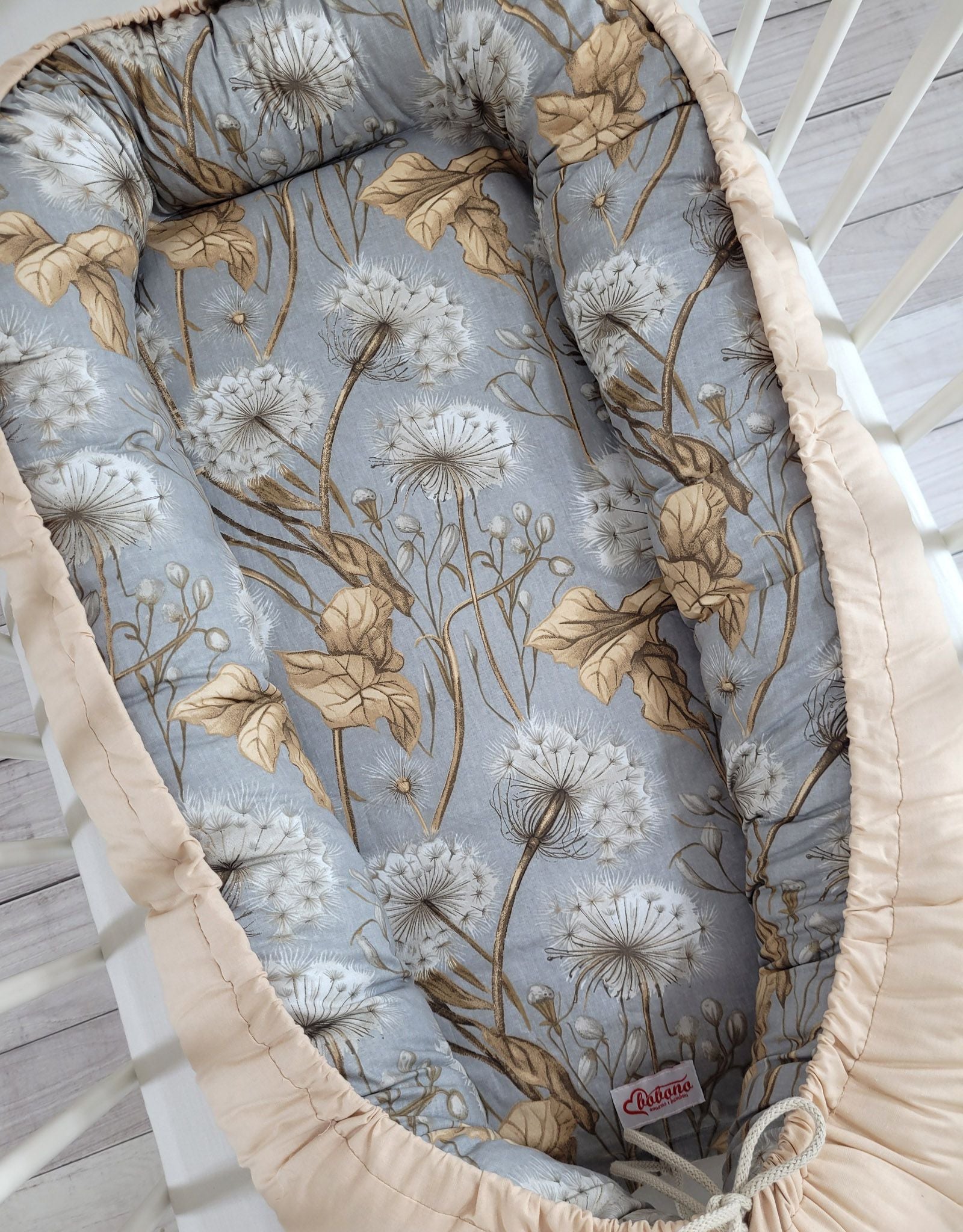 Baby nest double-sided Premium Cocoon for infants BOBONO- dandelions grey/ beige