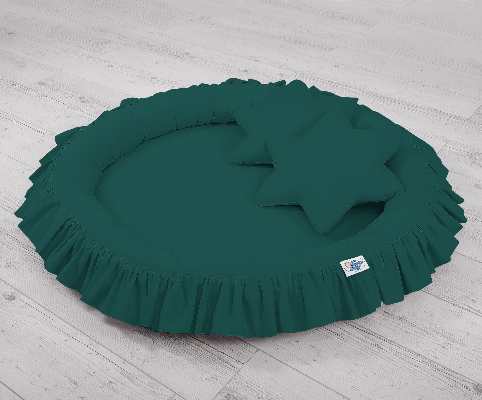 Set: Hanging baldachin for children's room cotton + nest with flounce + pillows - bottle green