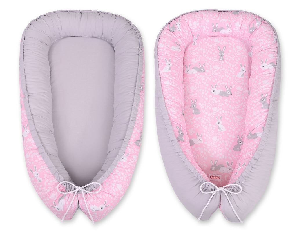 Baby nest double-sided Premium Cocoon for infants BOBONO- pink rabbits/gray