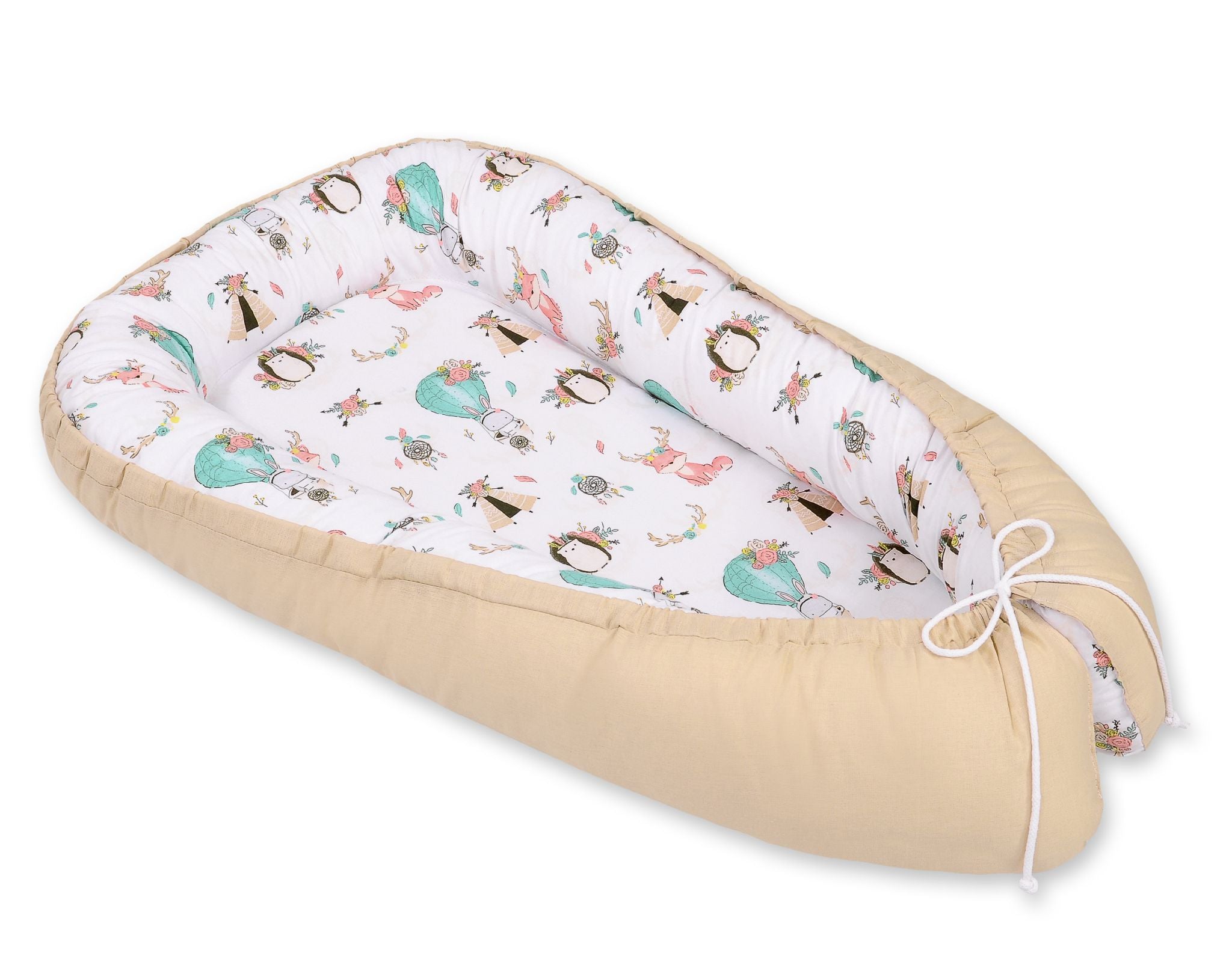 Baby nest double-sided Premium Cocoon for infants BOBONO- foxes beige/beige