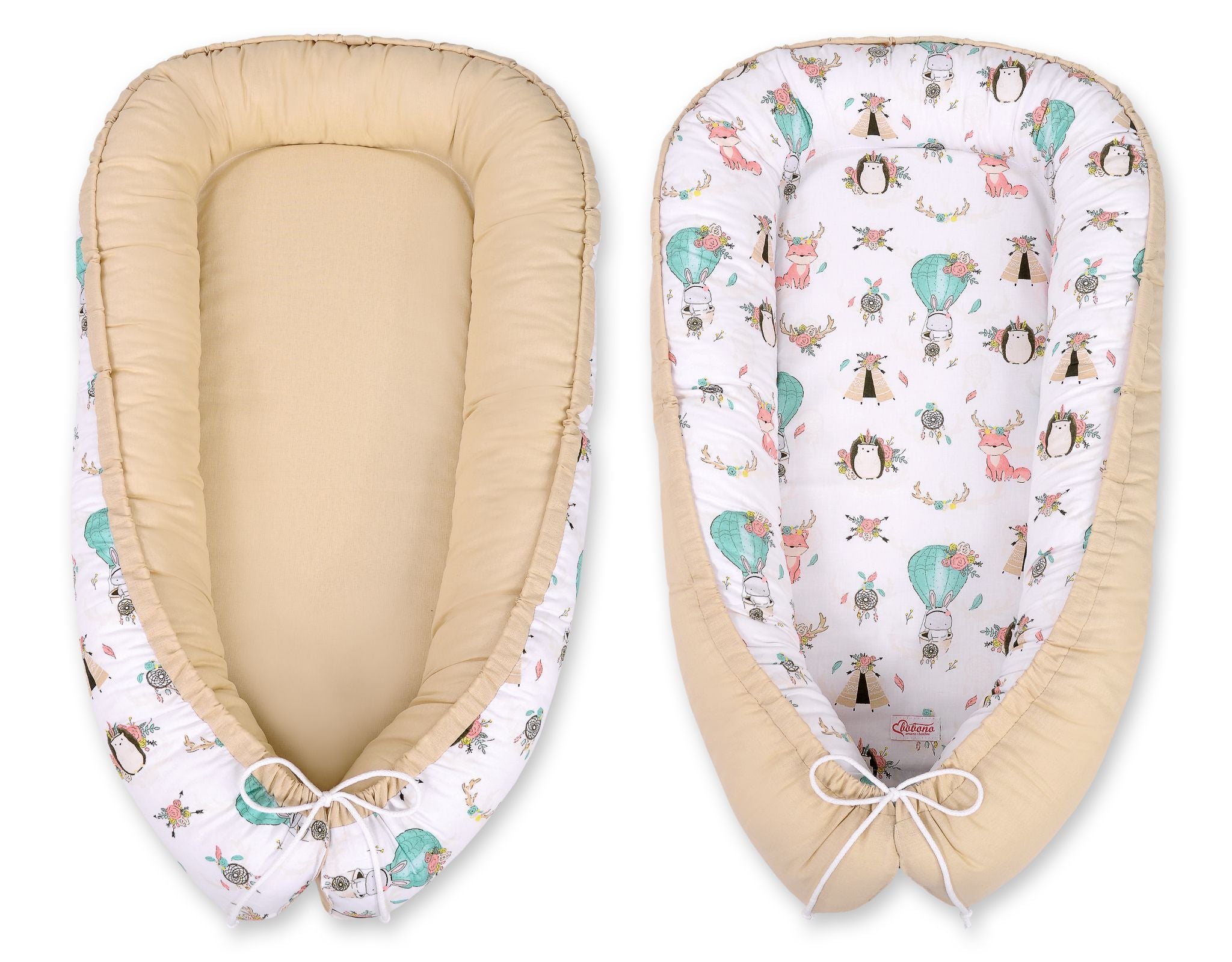Baby nest double-sided Premium Cocoon for infants BOBONO- foxes beige/beige