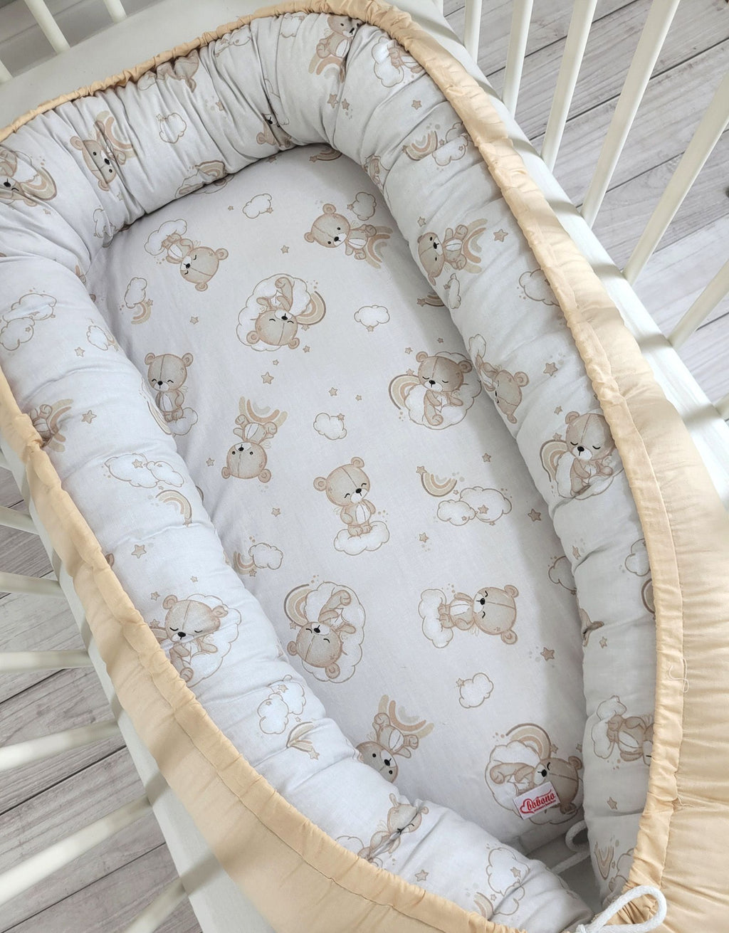 Baby nest double-sided Premium Cocoon for infants BOBONO- rainbow beige bear/ beige