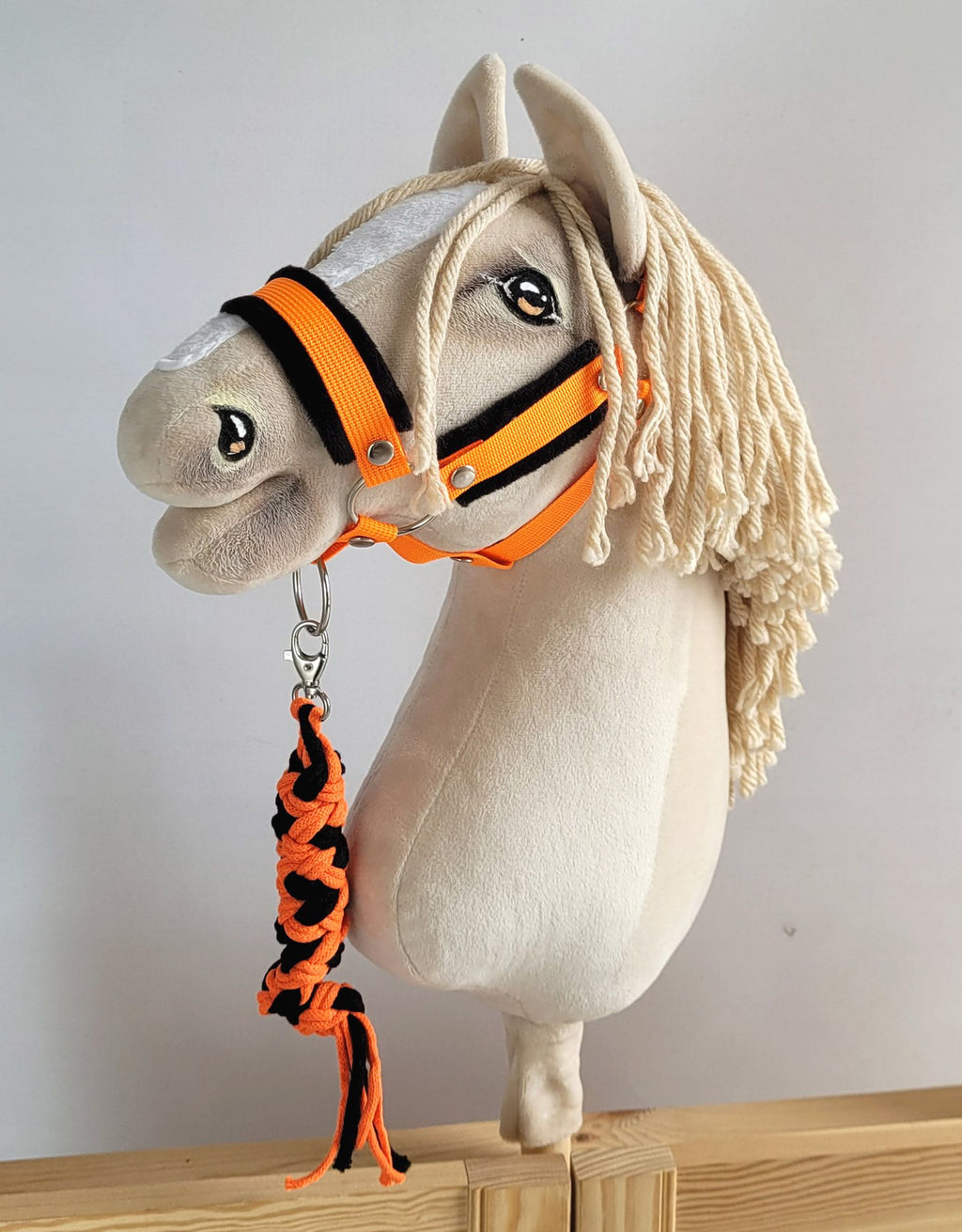 Set for Hobby Horse: the halter A3 with black furry + Tether made of cord - neon-orange/ black