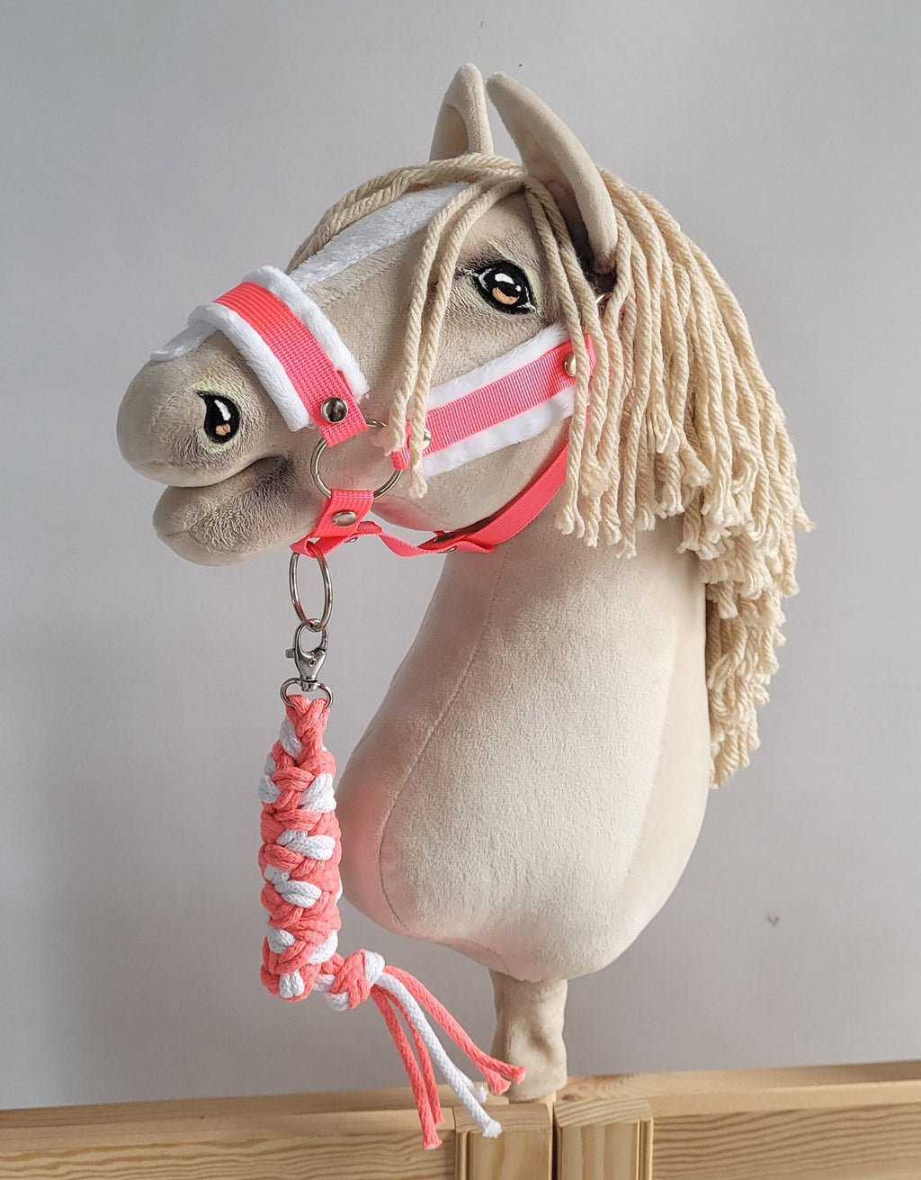 Set for Hobby Horse: the halter A3 with white furry + Tether made of cord - neon-pink/ white