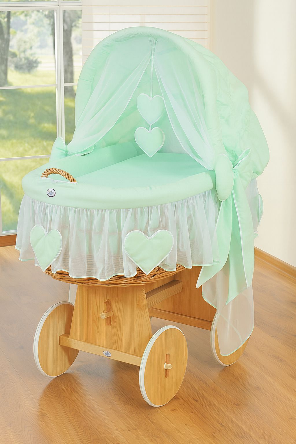 Moses Basket Wicker hood crib Amelie - natural + mint bedding